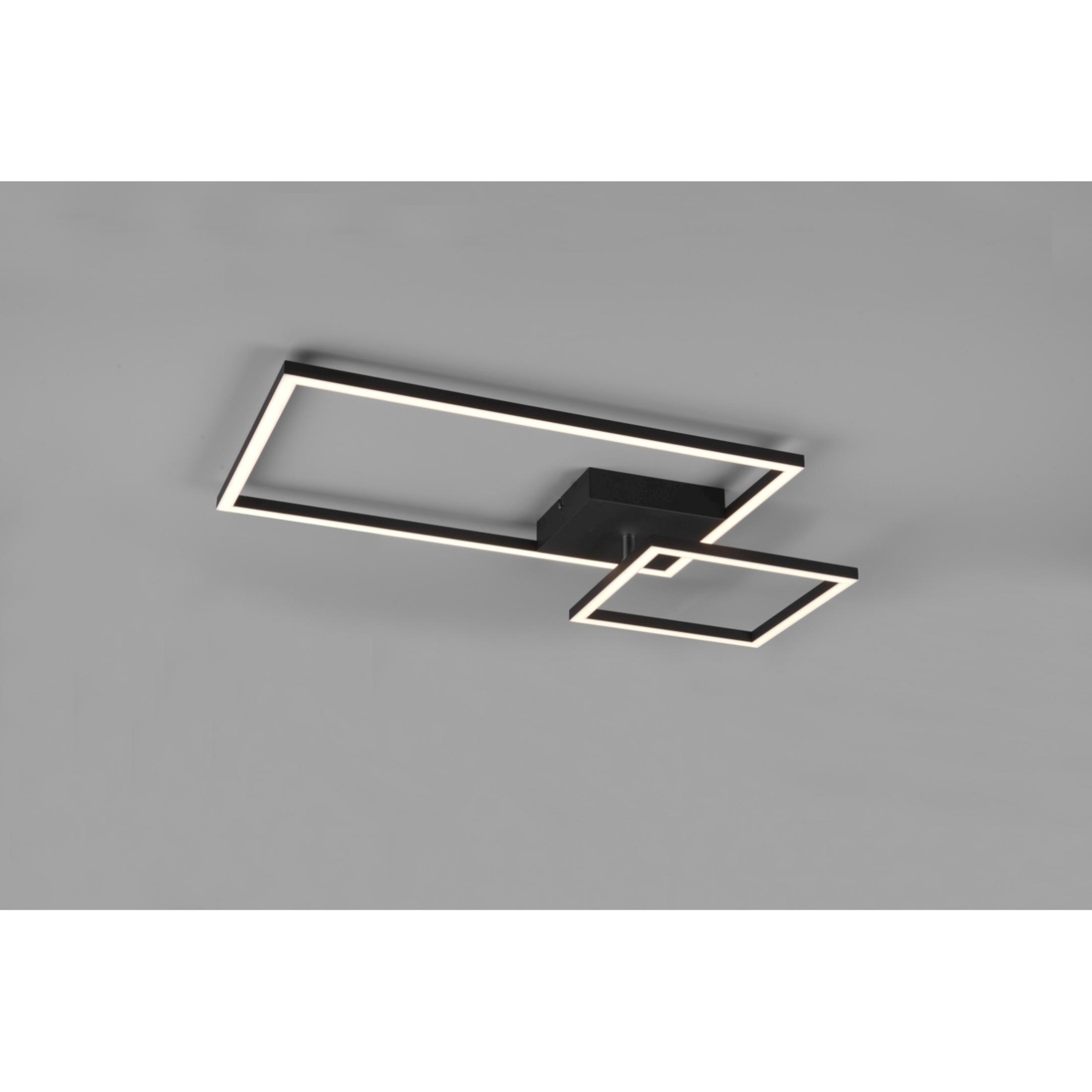 Lampada da soffitto nera moderna con due cornici rettangolari interconnesse.