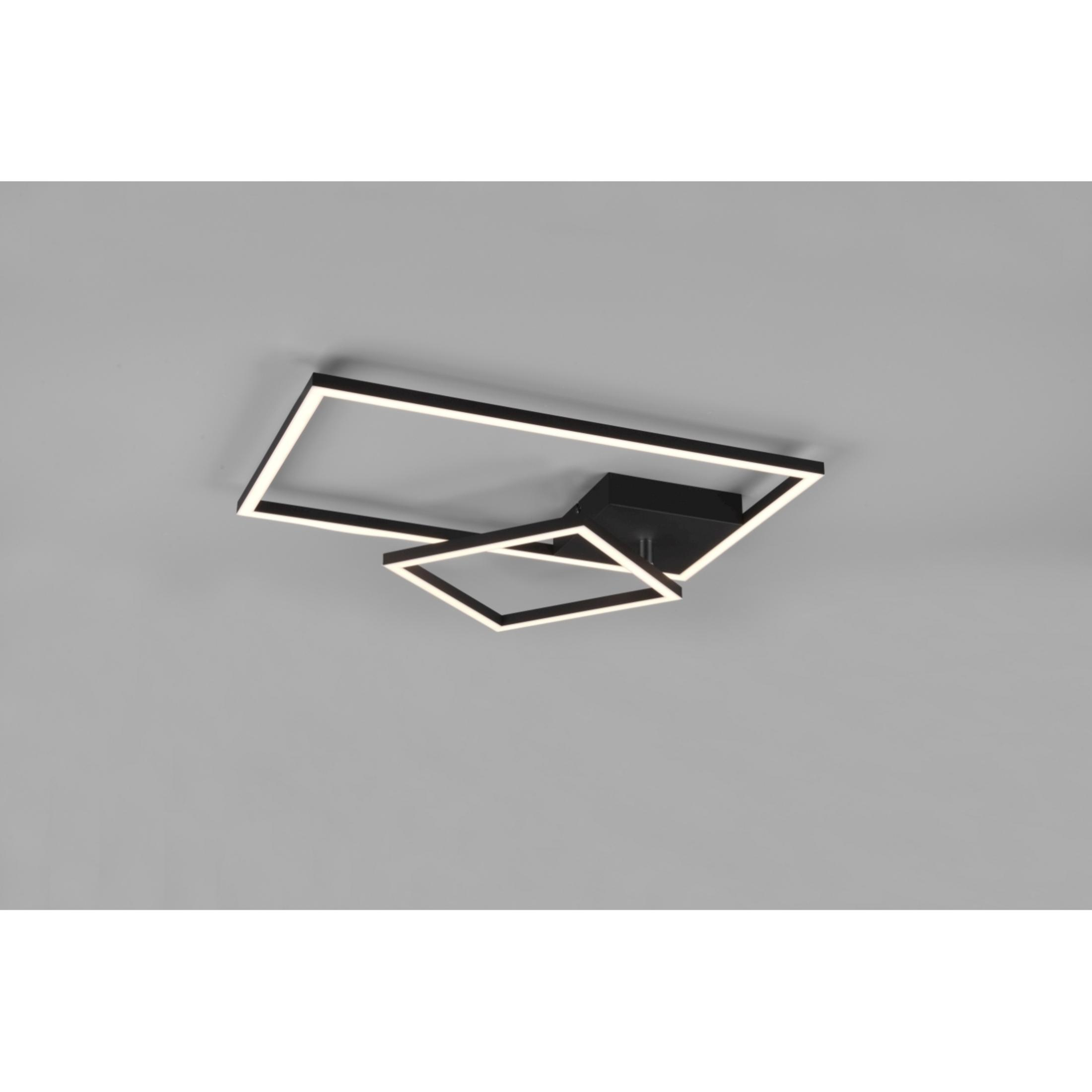 Lampada da soffitto nera moderna con due cornici rettangolari sovrapposte e luce integrata.