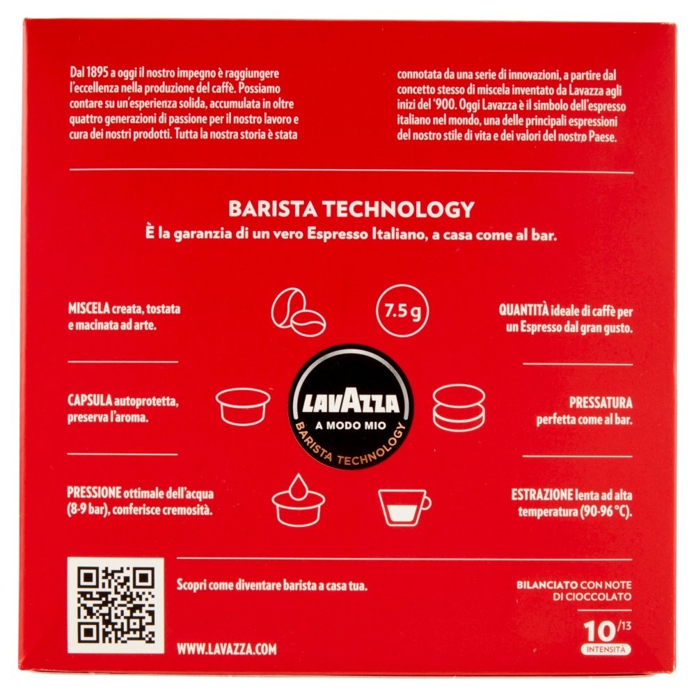 Confezione capsule caffè Lavazza con info su tecnologia barista, miscela, capsula, pressione ed estrazione.