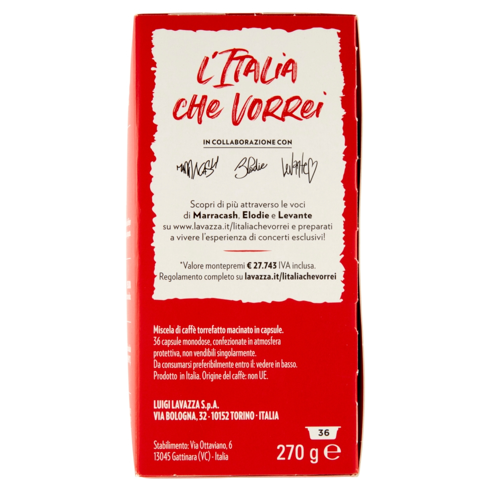 Confezione rossa di capsule caffè Lavazza con testo su una campagna.