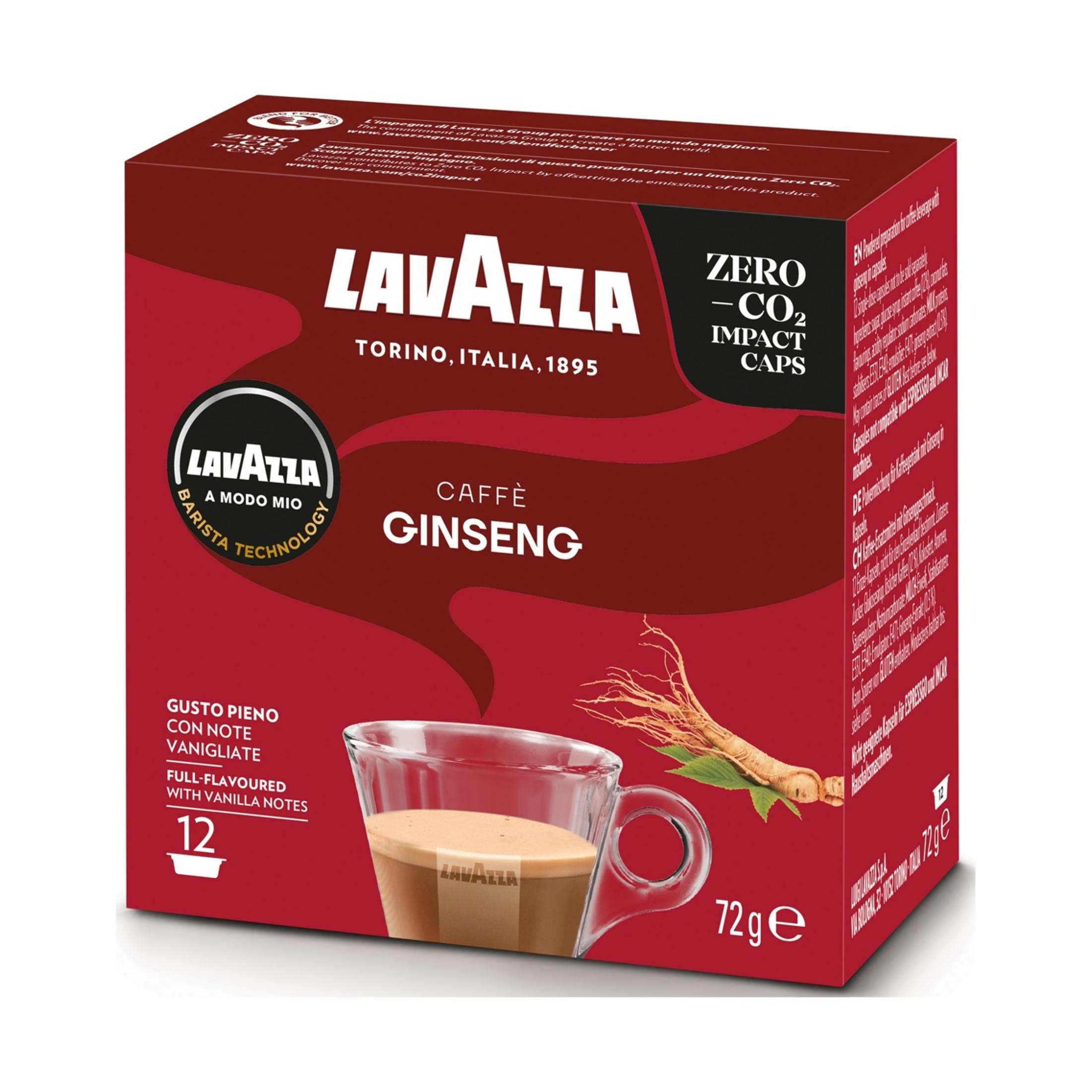 Capsule Lavazza Caffè Ginseng con tazza di caffè e radice di ginseng.