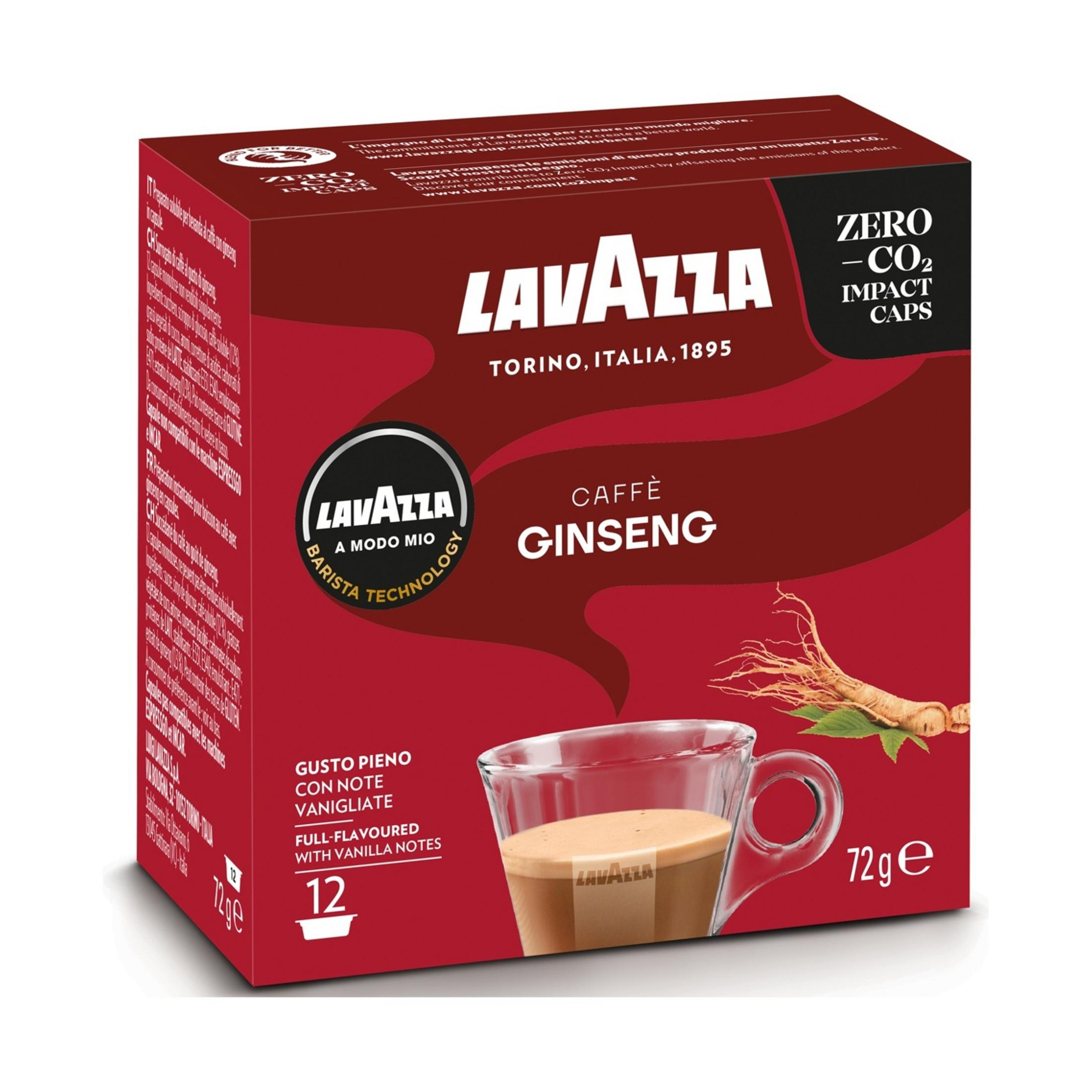 Capsule caffè Lavazza al ginseng, accanto a una tazza di caffè.