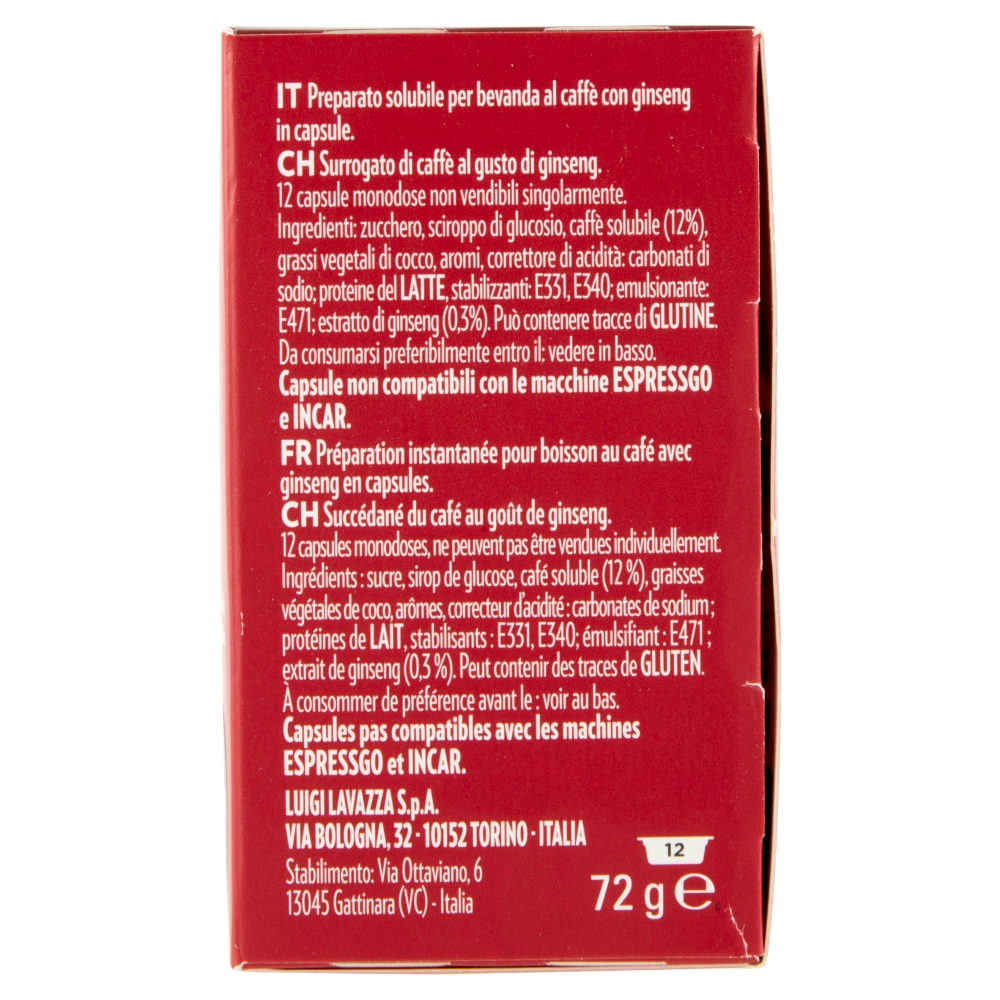 Scatola rossa con info caffè solubile al ginseng, 12 capsule, 72g.