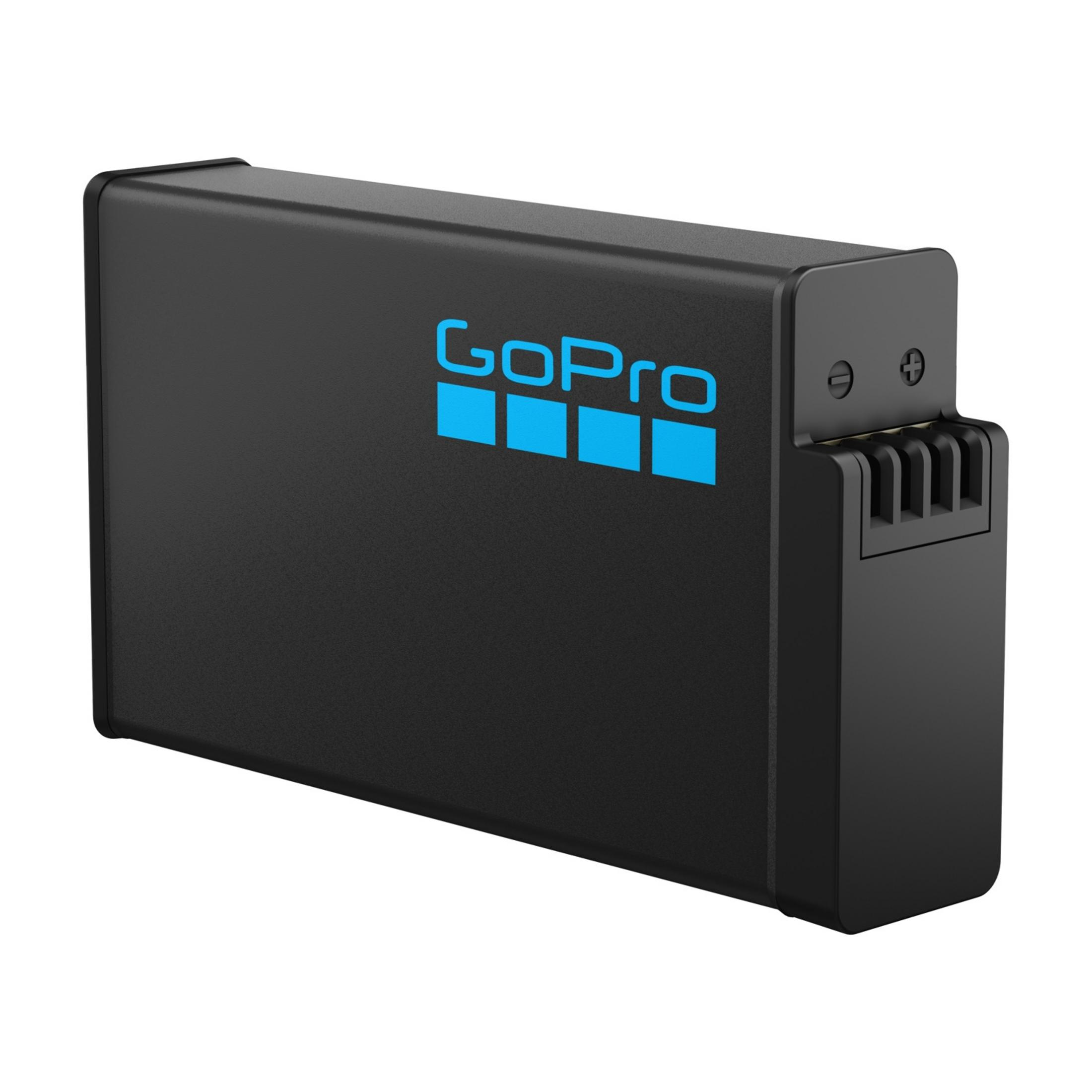 Schwarzer GoPro Akku mit blauem Logo und Kontakten.