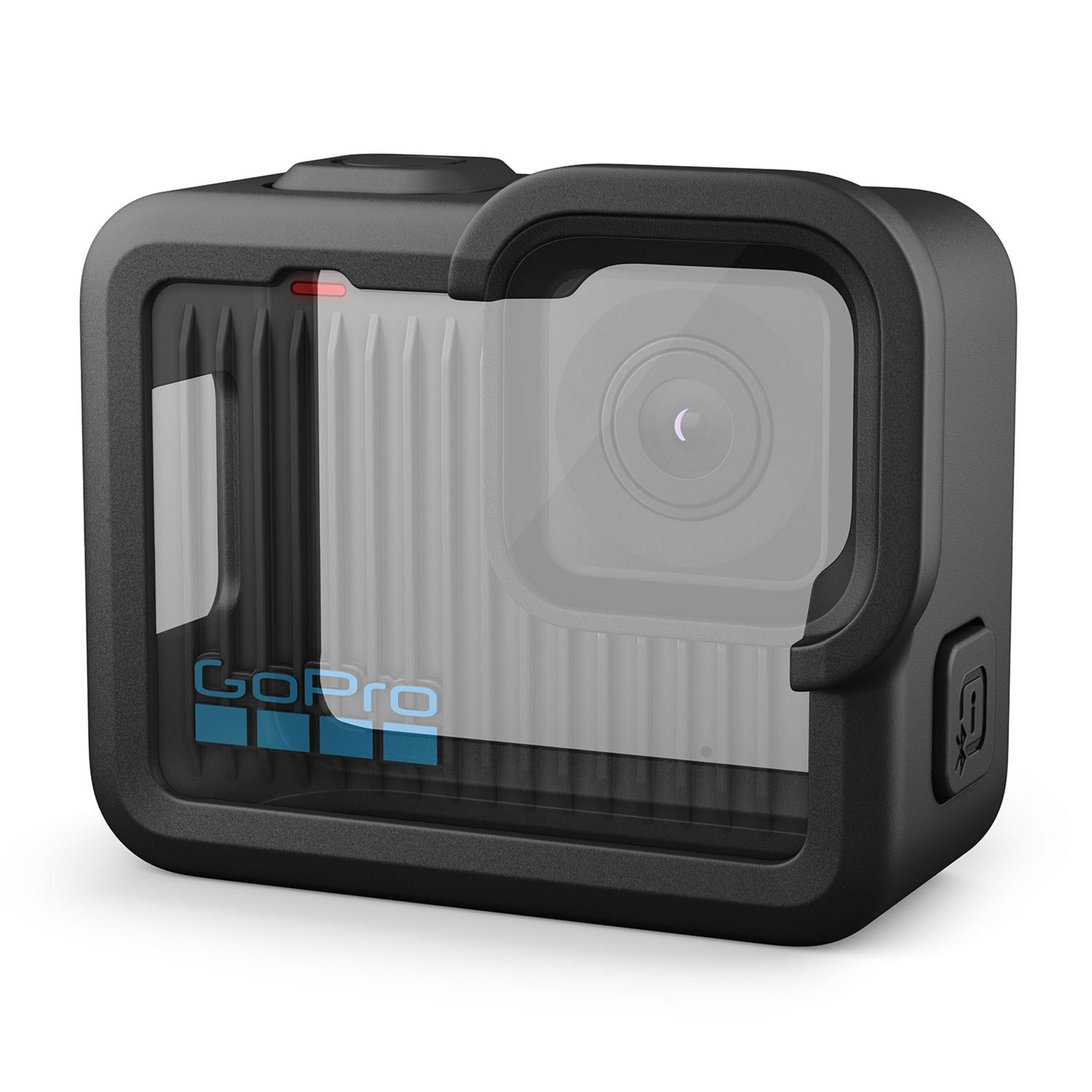 Schwarzes Gehäuse für GoPro mit sichtbarer Linse und Logo.