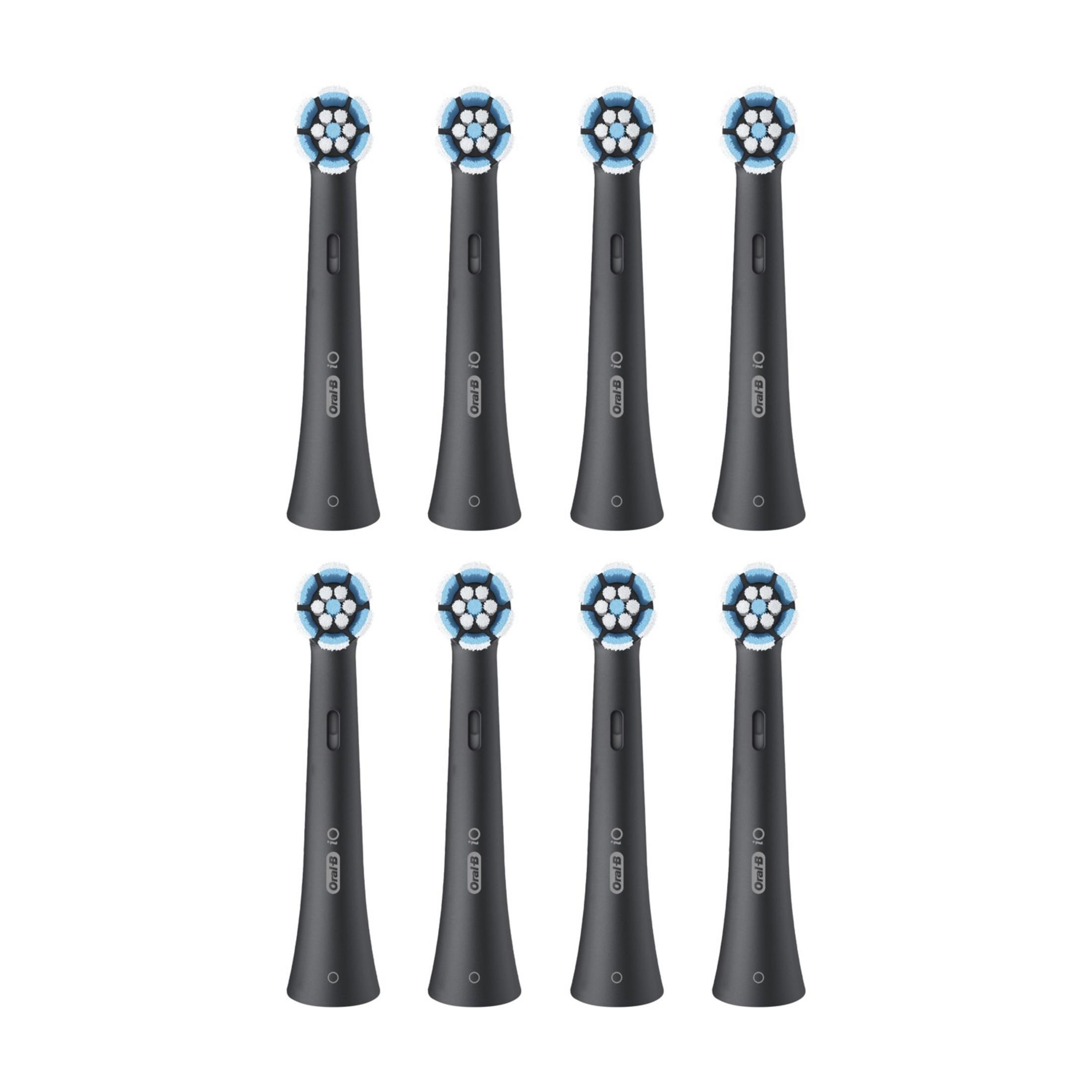 Osiem czarnych główek szczoteczki do zębów z niebieskim i białym włosiem.