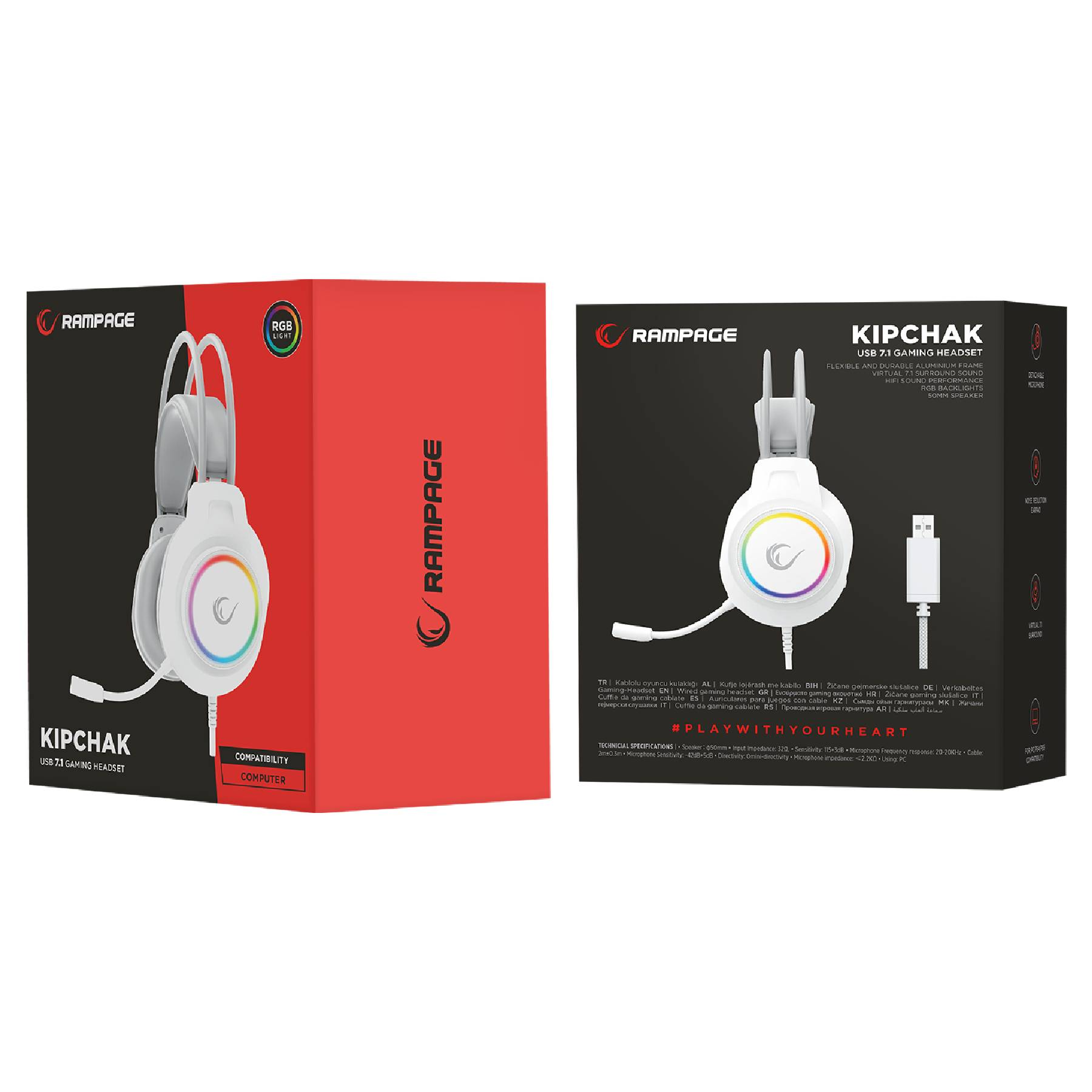 RGB aydınlatmalı ve USB kablolu beyaz Rampage Kipchak oyun kulaklığı.