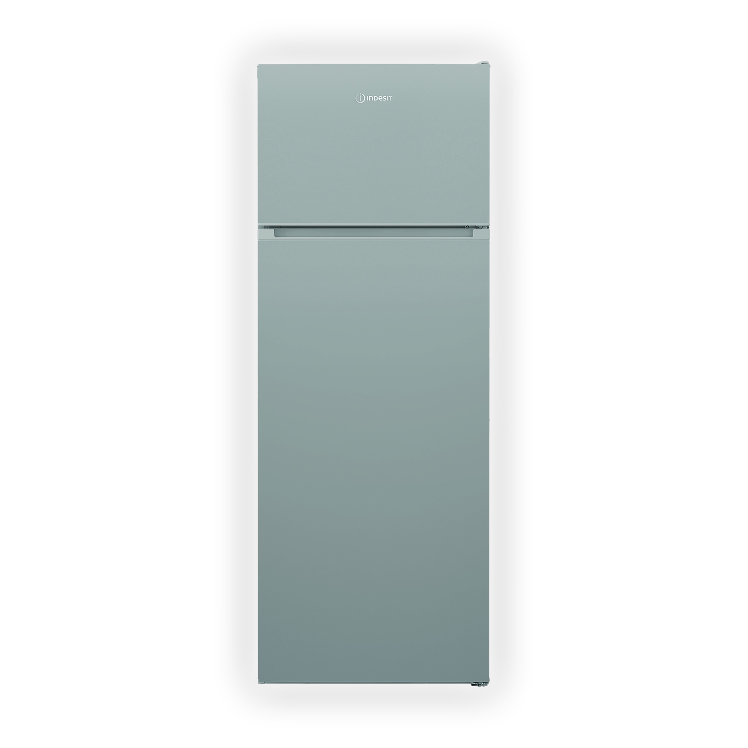 Un frigorifero a due porte, azzurro, con logo Indesit in alto.