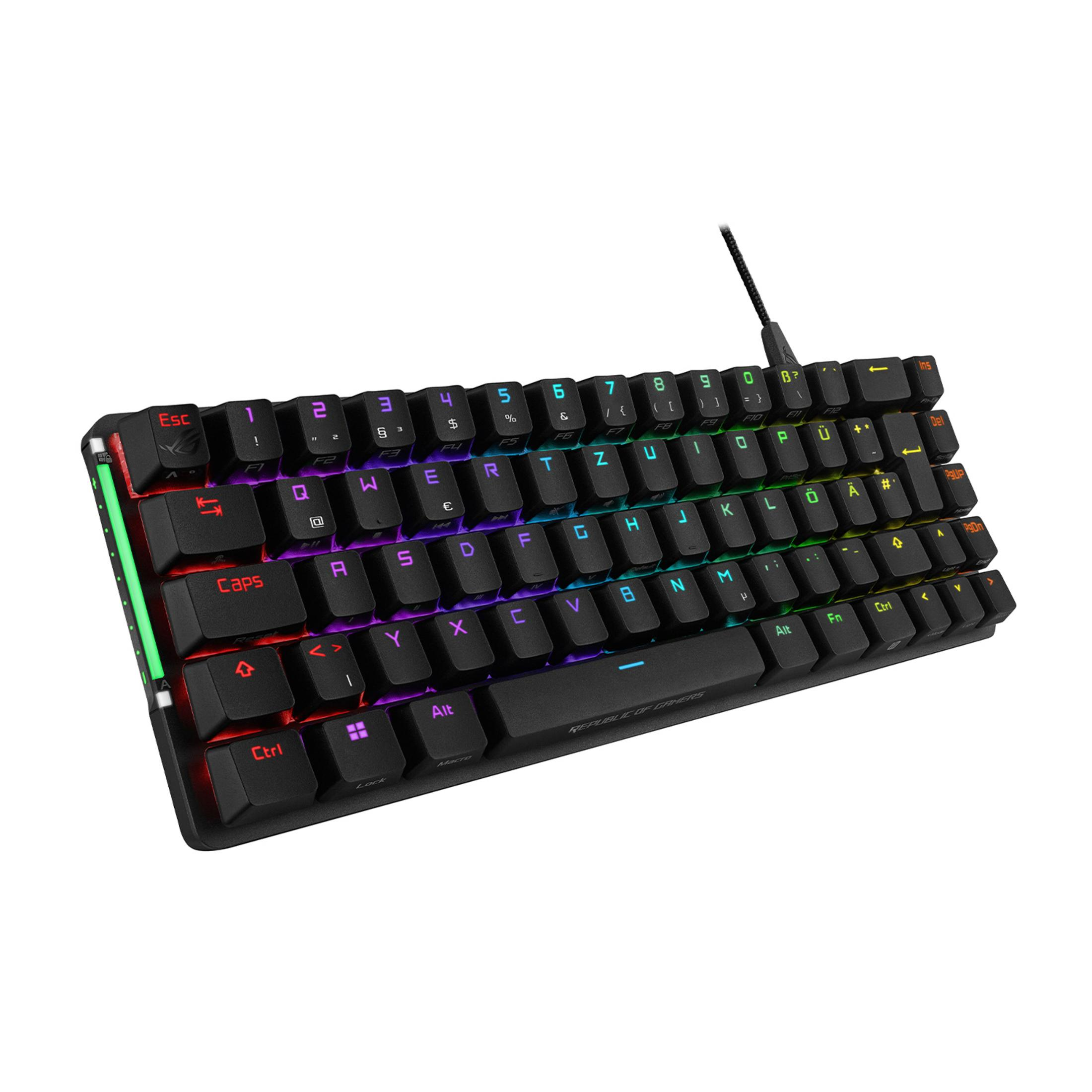 Schwarze Gaming-Tastatur mit RGB-Beleuchtung und sichtbaren Tastenbeschriftungen.