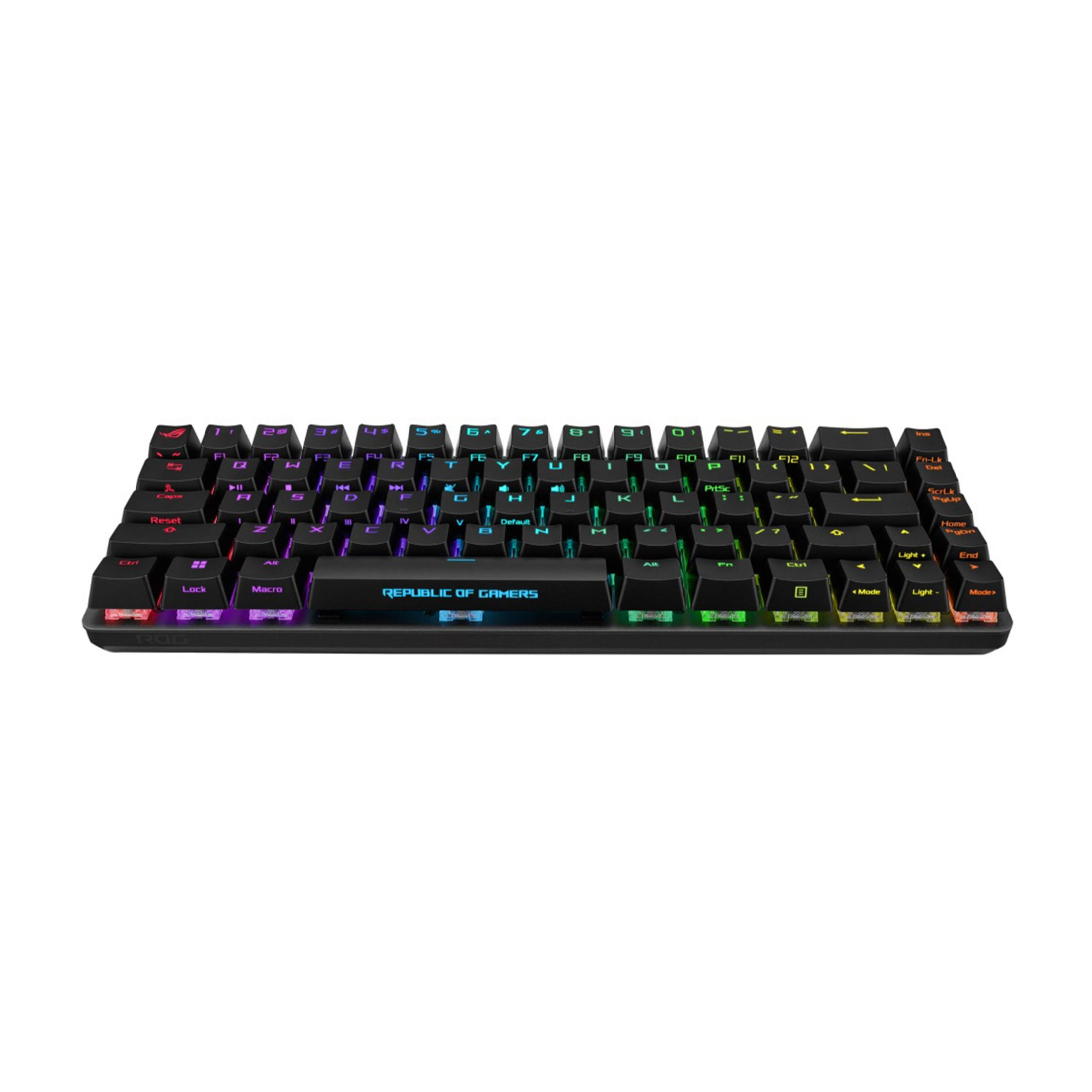 Schwarze Tastatur mit RGB-Beleuchtung und Aufdruck „Republic of Gamers“.