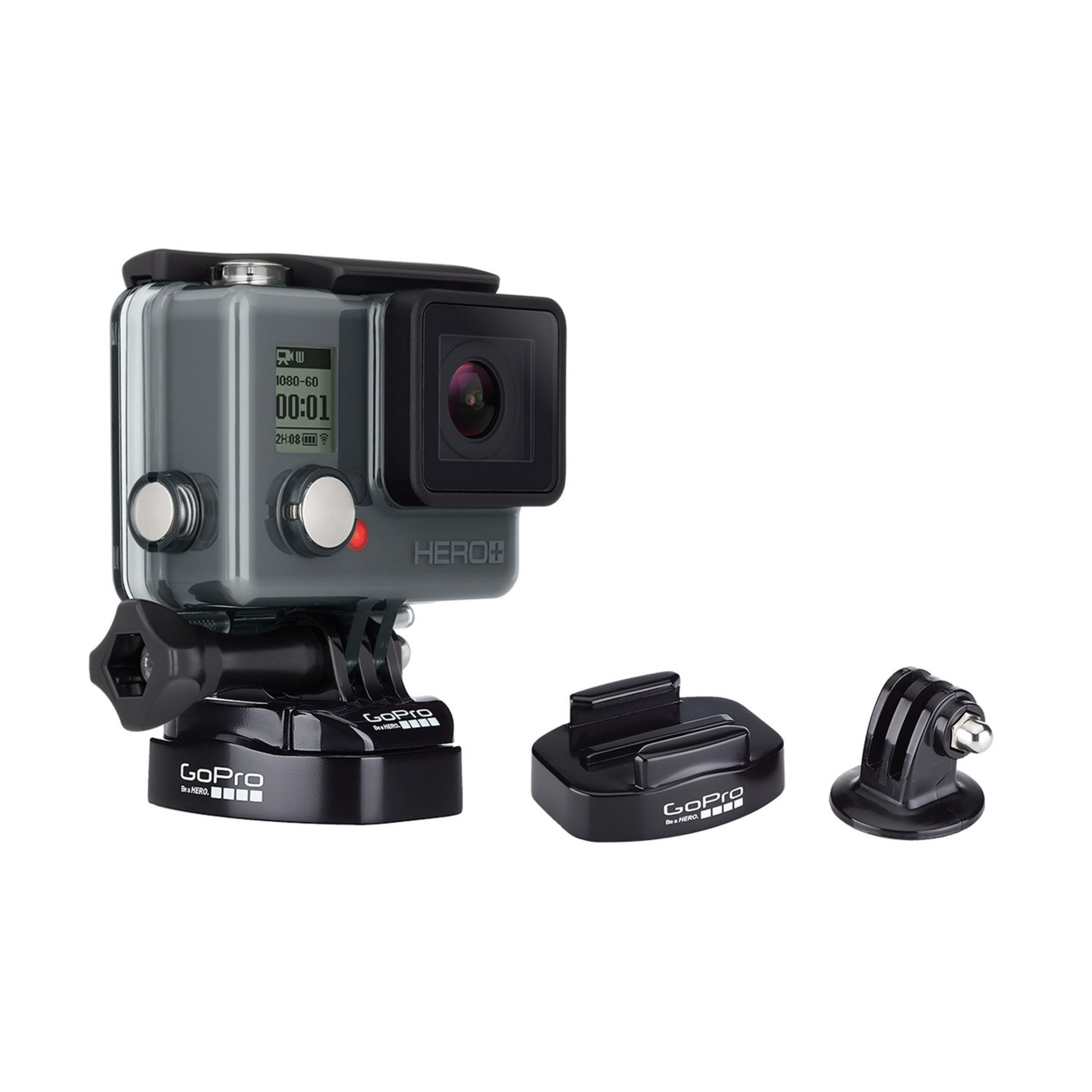 Telecamera GoPro HERO con accessori su sfondo bianco.