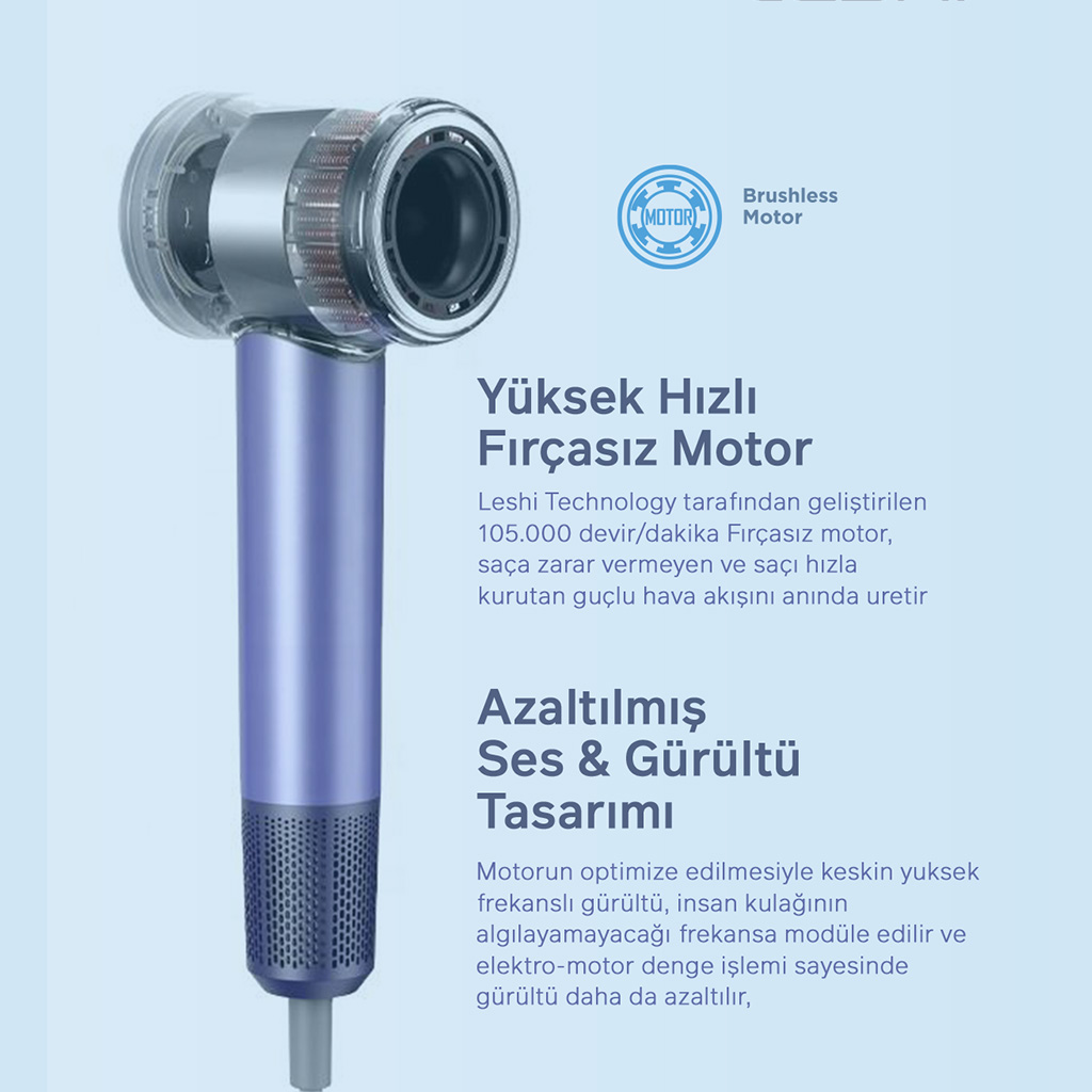 MARS & HARS Negatif Ionizerli-Akıllı (4 Mod Isı Ayarlı, Dijital Isı Göstergeli, LED Işıklı) 1800 W Saç Kurutma Makinesi Mor