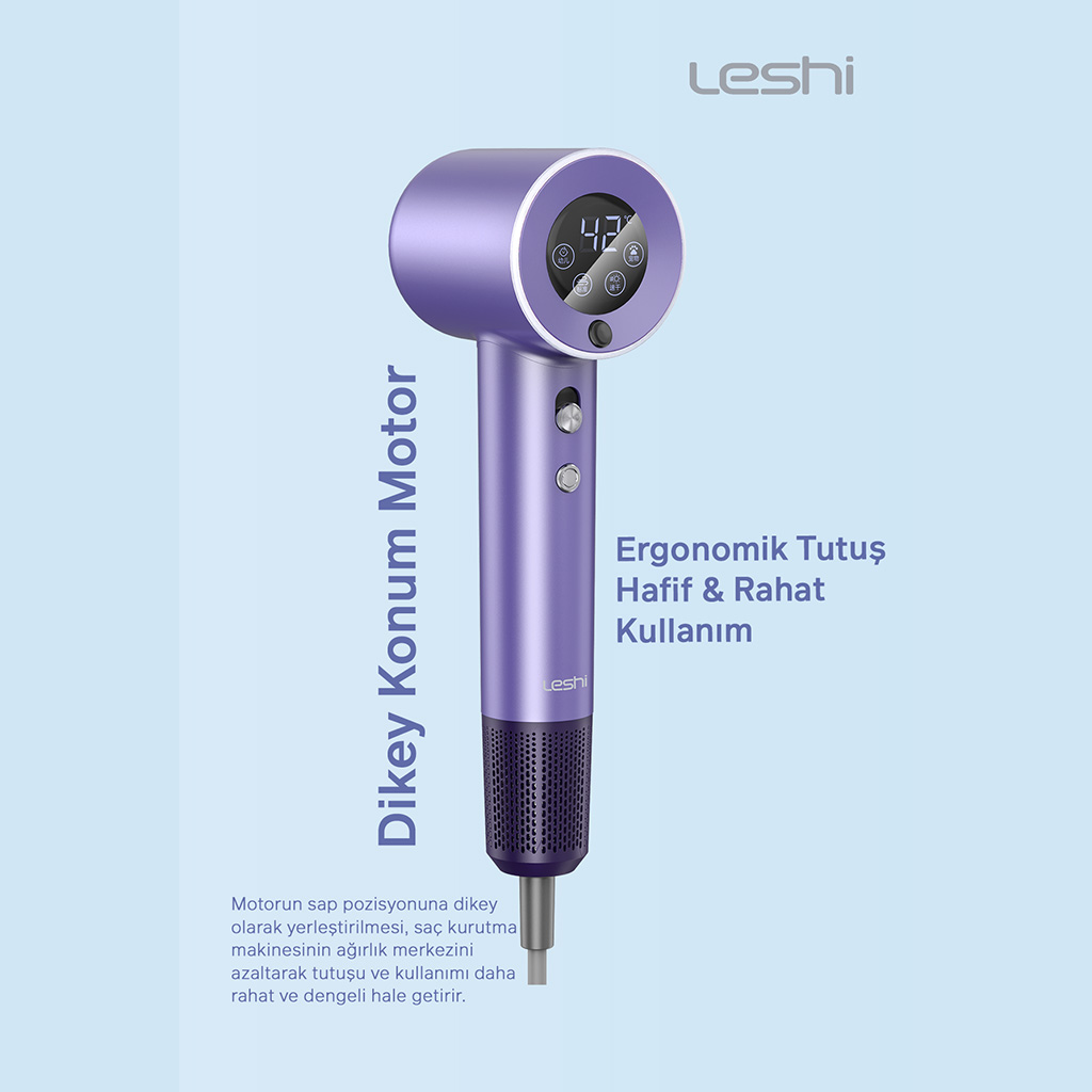 Dijital ekranlı ve ergonomik tutuşlu mor saç kurutma makinesi.
