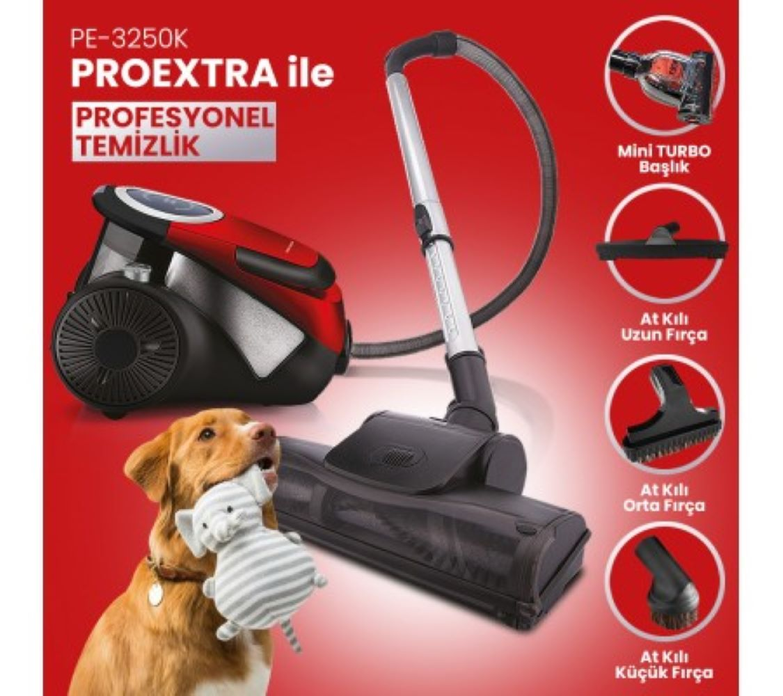 Köpek çizgili bir oyuncak tutuyor, yanında kırmızı elektrikli süpürge ve aksesuarlar.