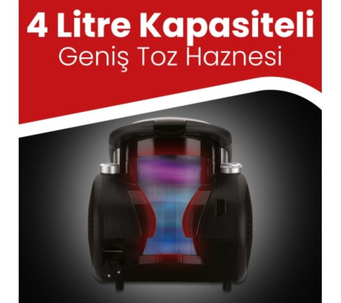 4 litre kapasiteli, mavi-mor toz haznesine sahip siyah elektrikli süpürge.