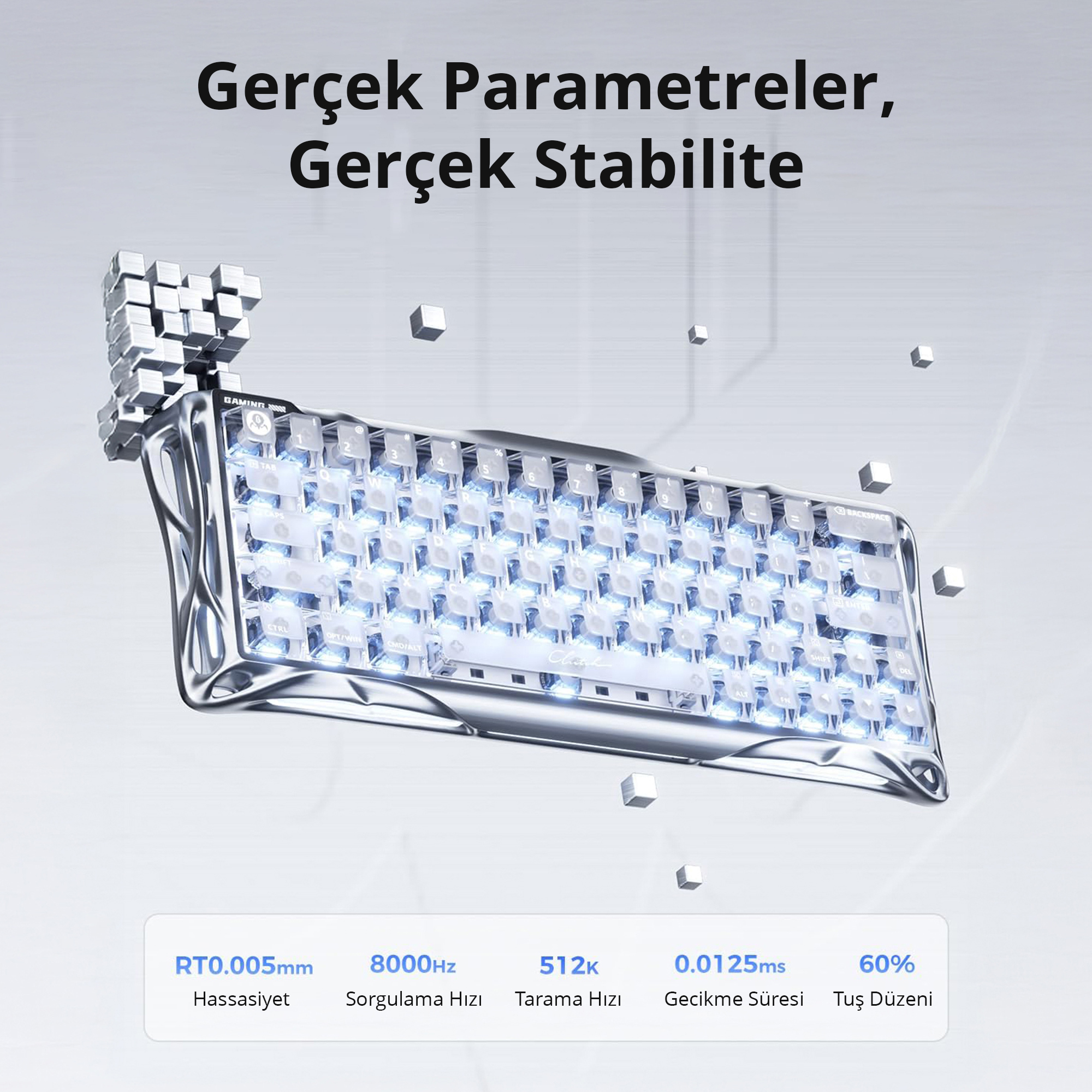Gümüş çerçeveli, mavi aydınlatmalı şeffaf klavye.