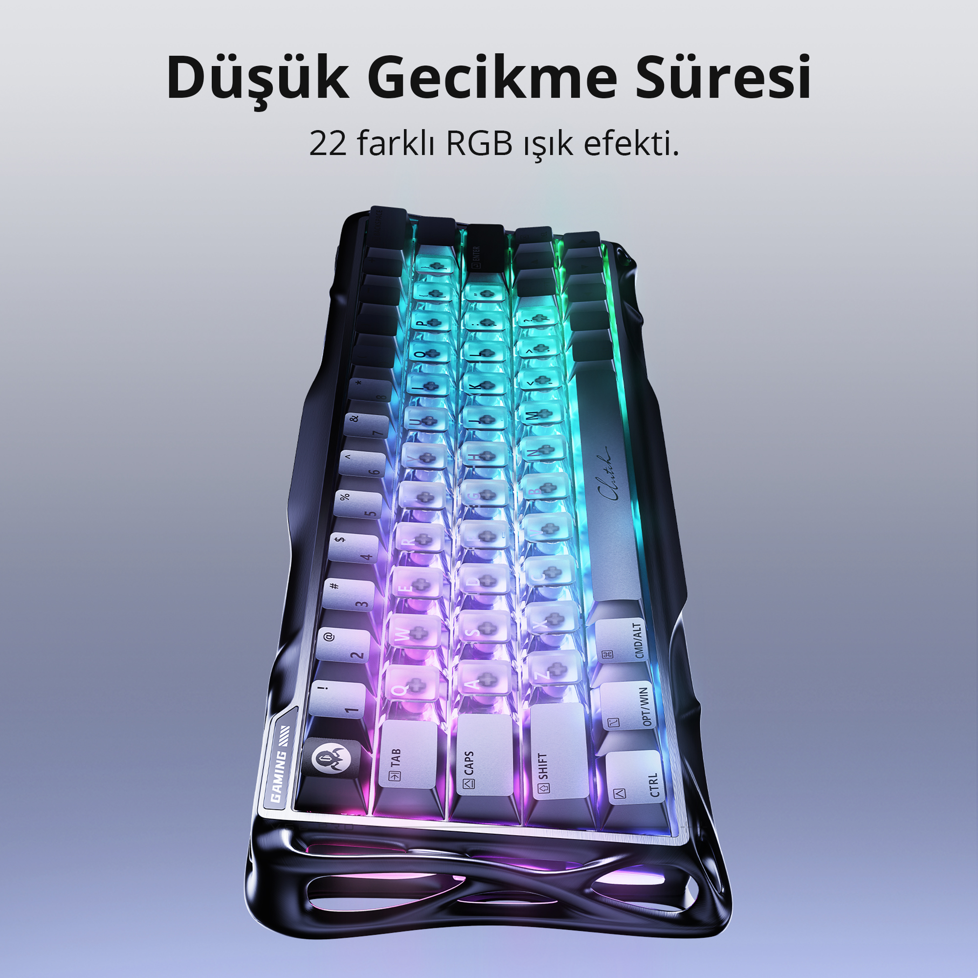 Mavi ve mor RGB aydınlatmalı bir klavye.