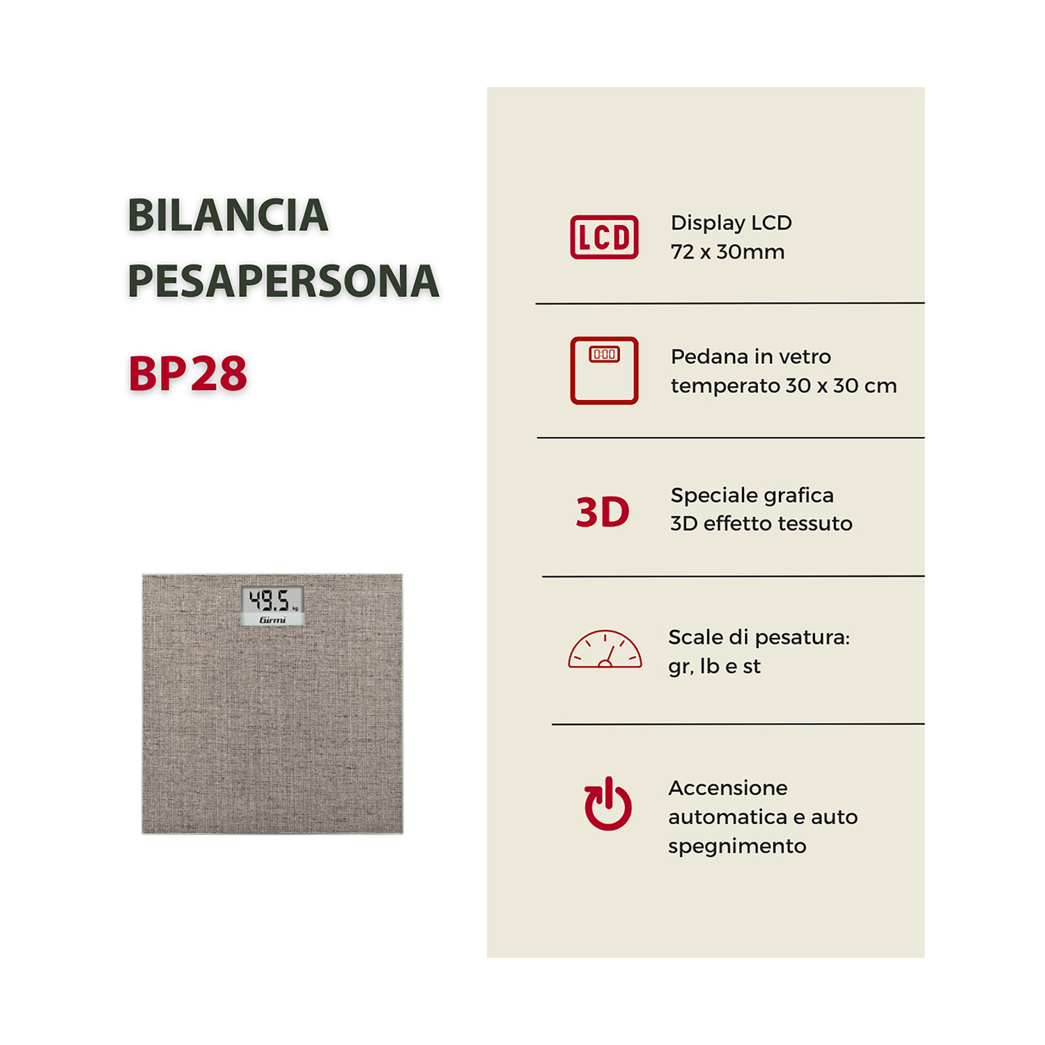 Bilancia pesapersone BP28 con pedana in vetro che mostra 49,5 kg.