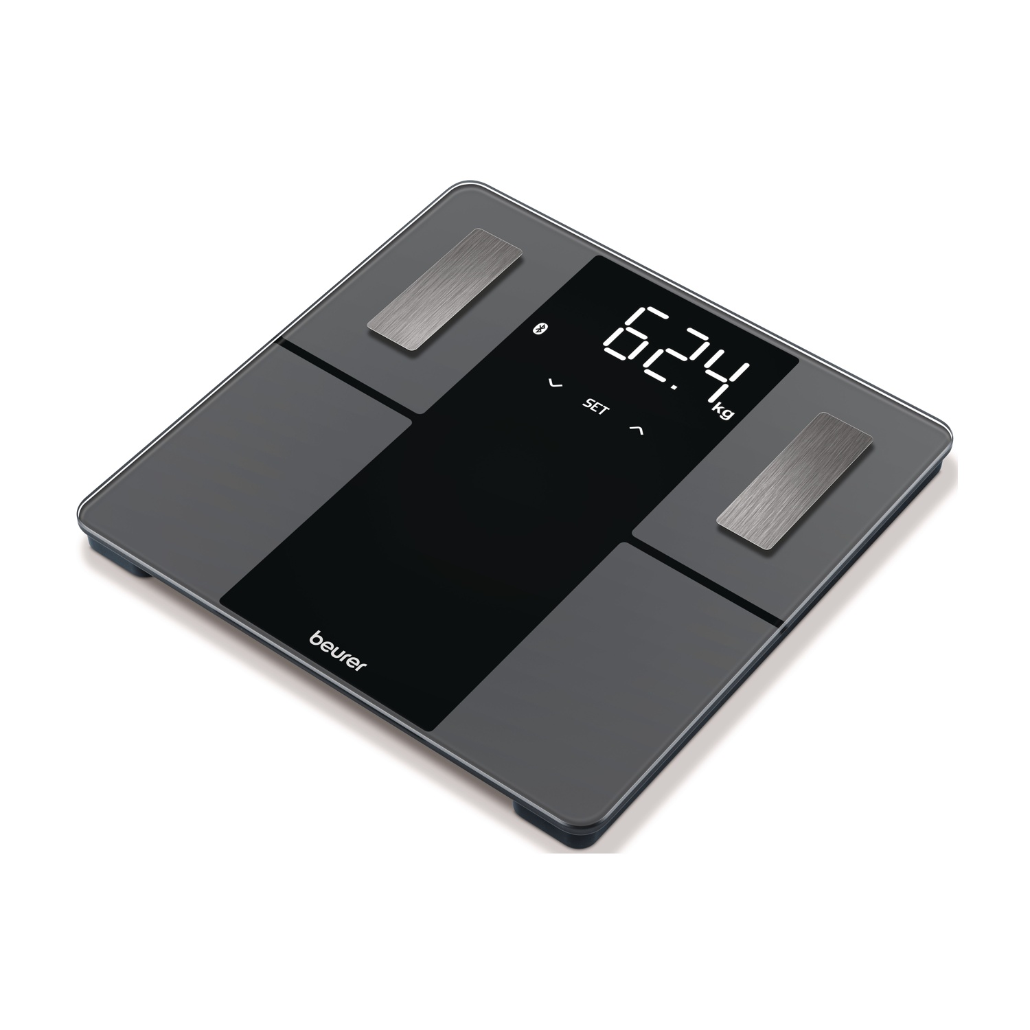 Szara waga łazienkowa z czarnym wyświetlaczem pokazującym 62,4 kg.