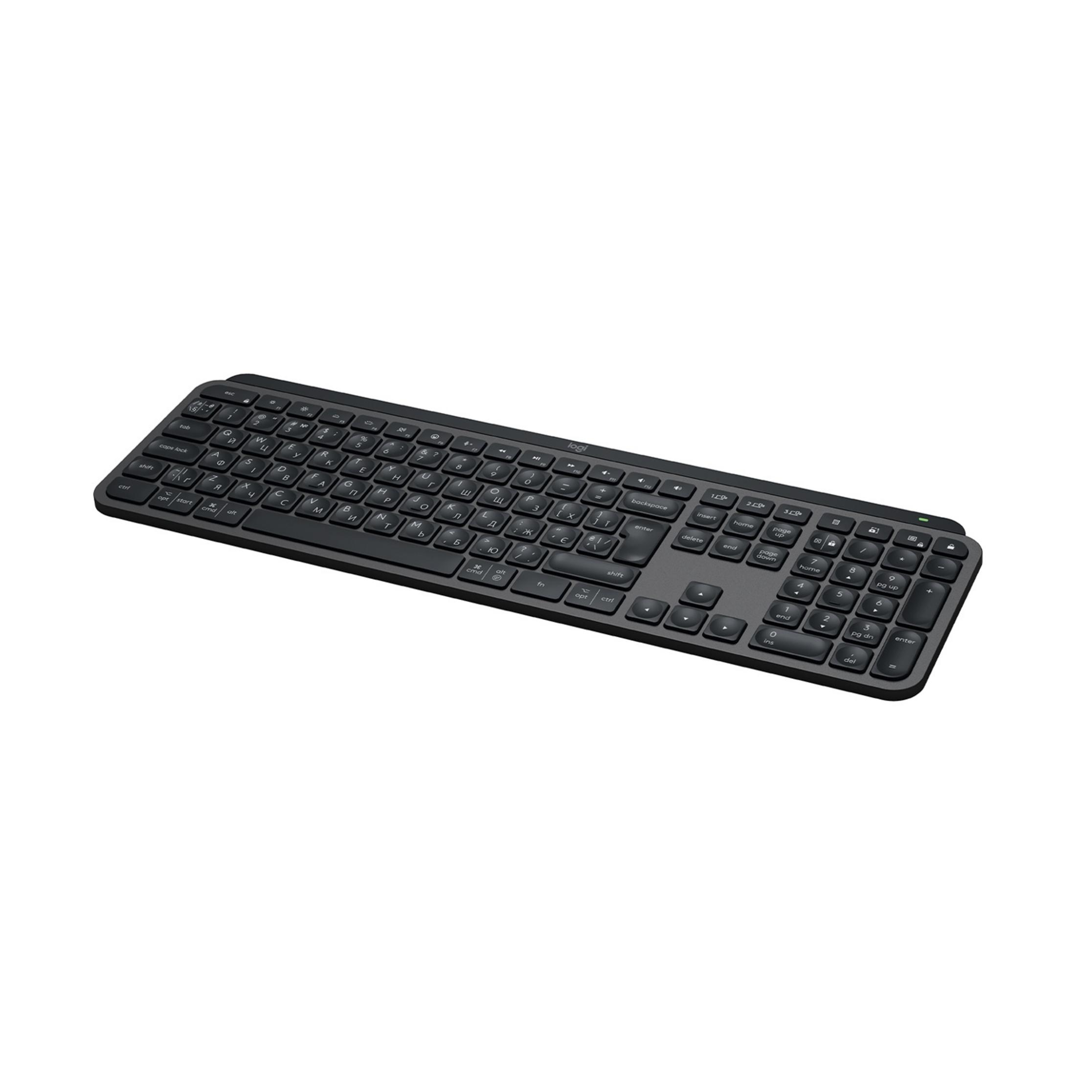 Eine schwarze, kabellose Tastatur mit vollständigem Layout, einschließlich Ziffernblock.