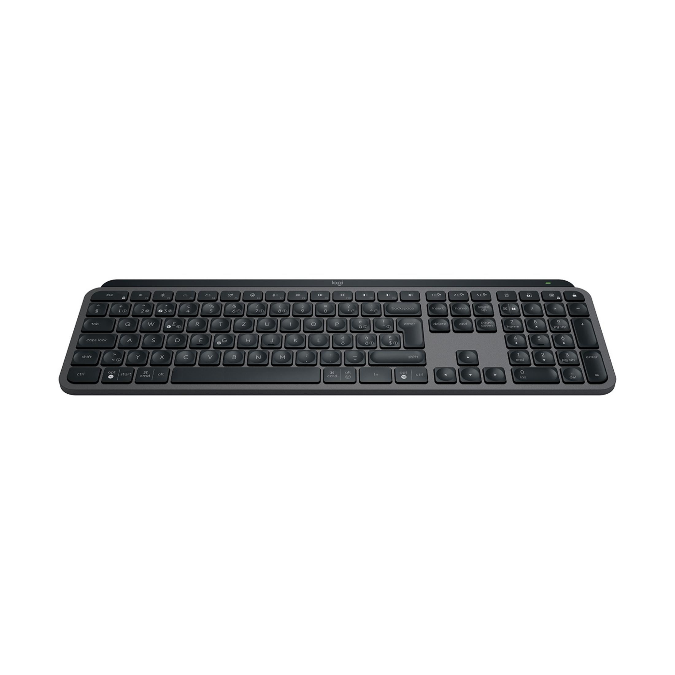 Eine dunkle, schlanke Tastatur mit numerischem Block und beleuchteten Tasten.