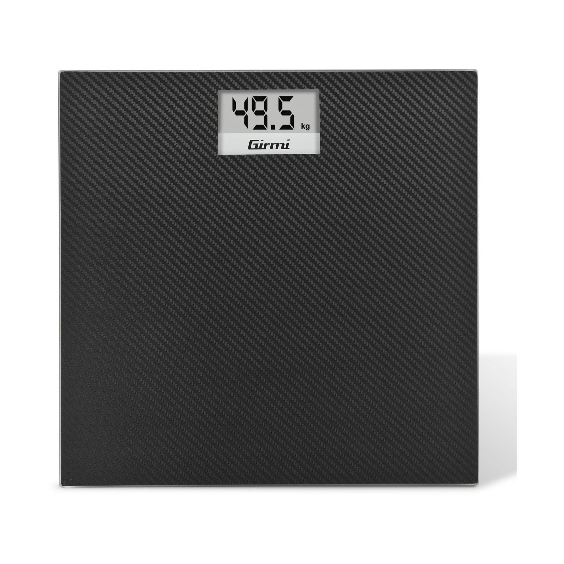 Bilancia digitale nera con design in fibra di carbonio e display LCD da 49,5 kg.