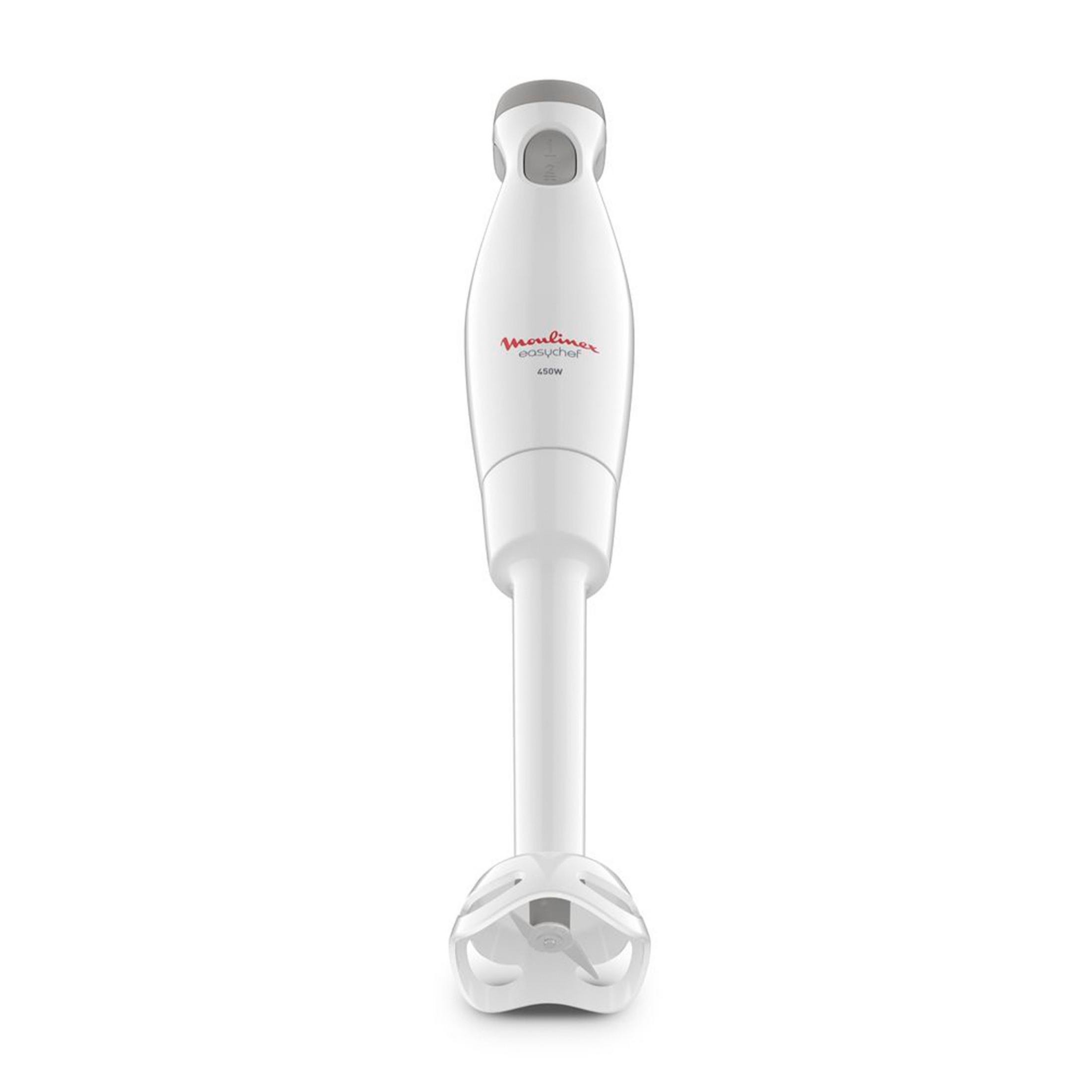 Biały blender ręczny z szarymi przyciskami i mocą 450W.