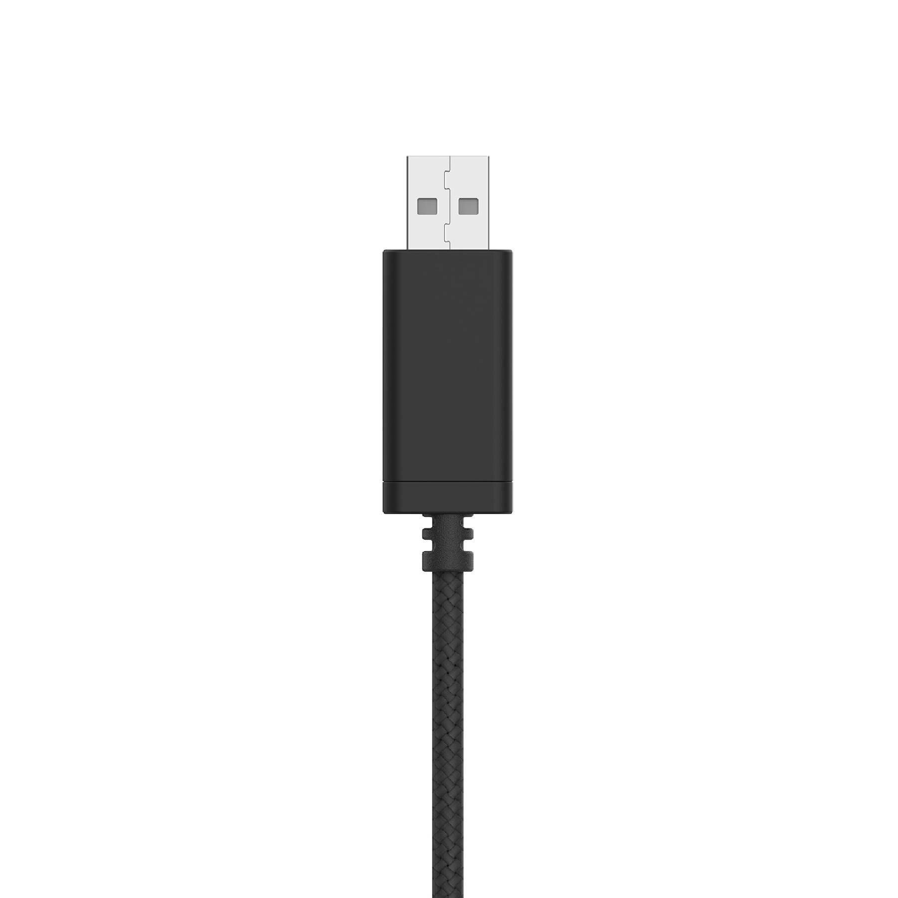 Örgülü kablolu siyah USB fişi, beyaz arka plan üzerinde.