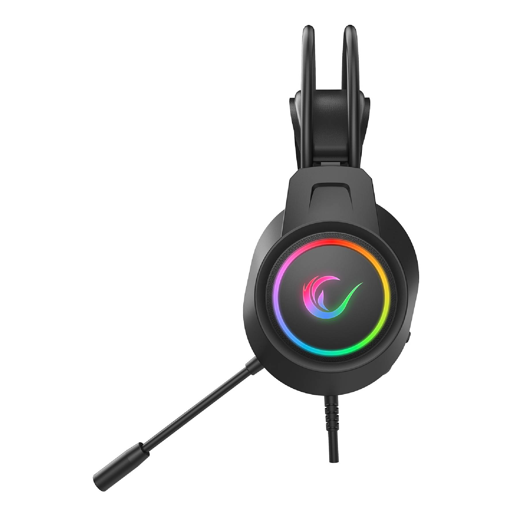 Mikrofonlu ve RGB aydınlatmalı siyah oyun kulaklığı.