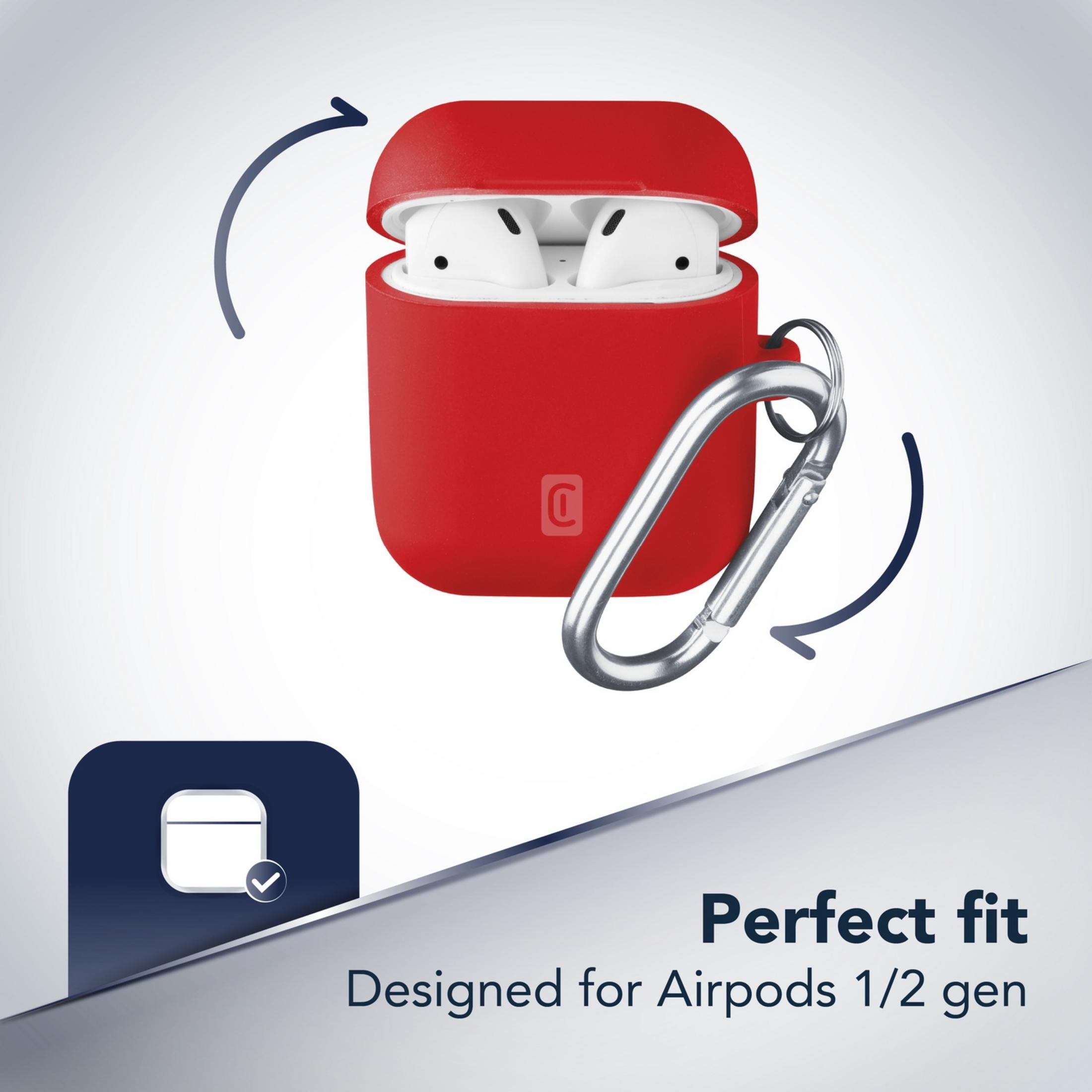 Custodia rossa per AirPods con moschettone, frecce e testo "Vestibilità perfetta".