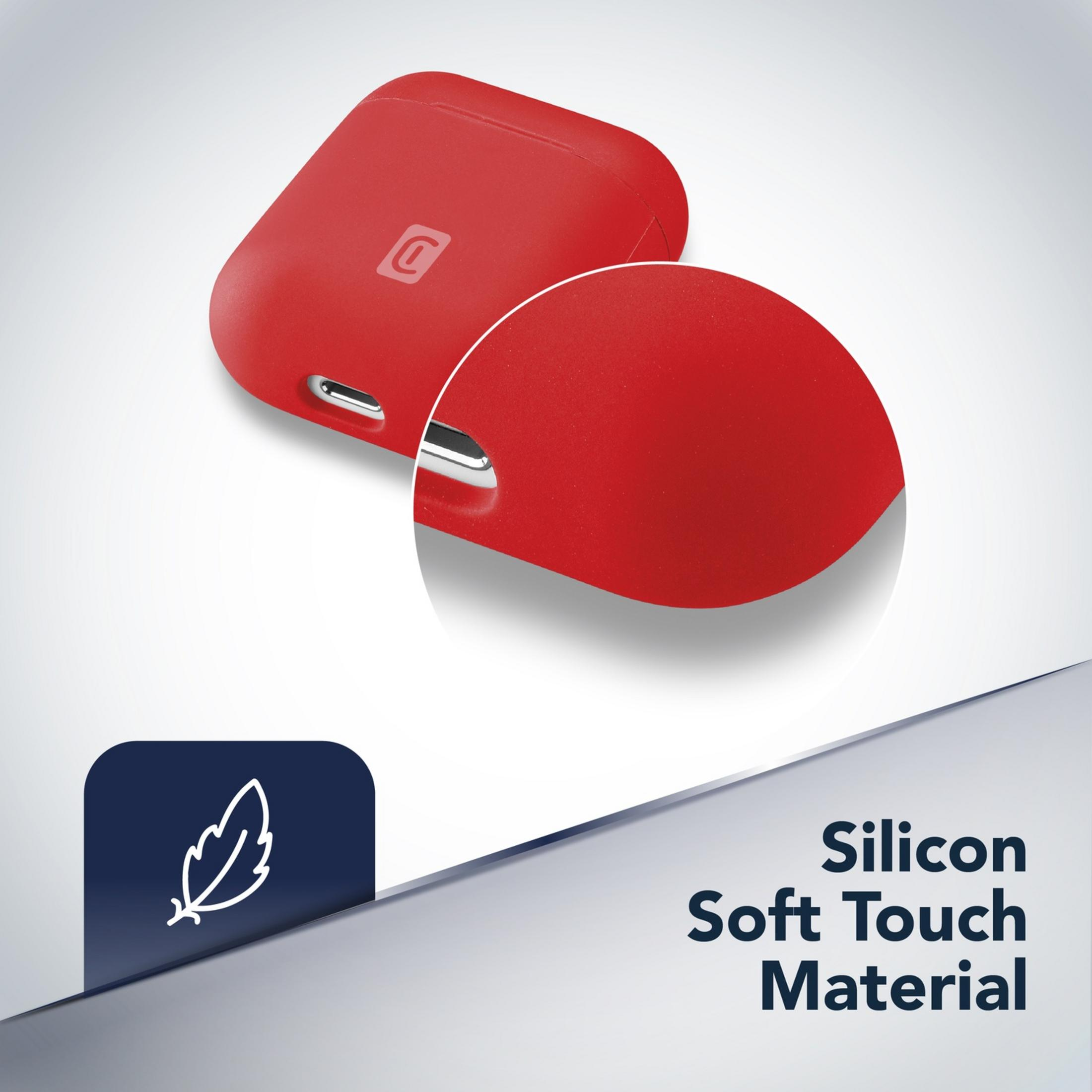Custodia rossa con lente d'ingrandimento mostra materiale siliconico morbido.