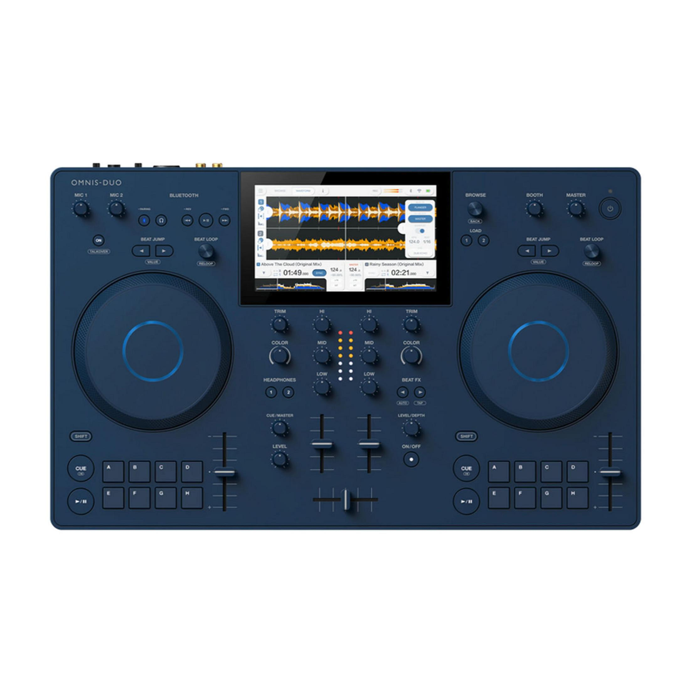 Ein dunkelblaues DJ-Deck mit Bildschirm, Plattentellern und Bedienelementen.