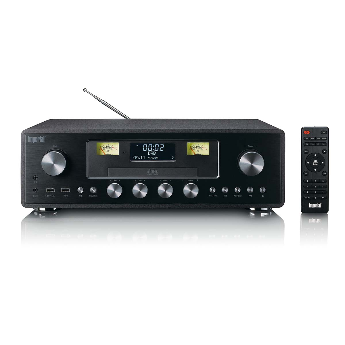 Black stereo system with CD player, display, and remote control.