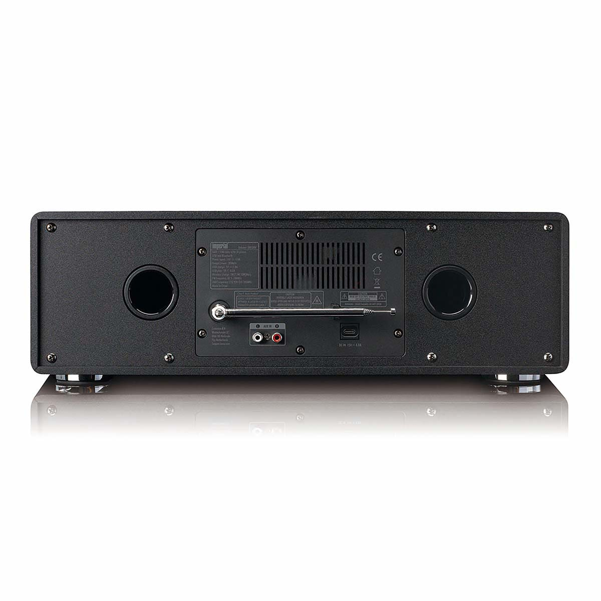 Rear view of a black radio with speakers, ports, and CE marking.