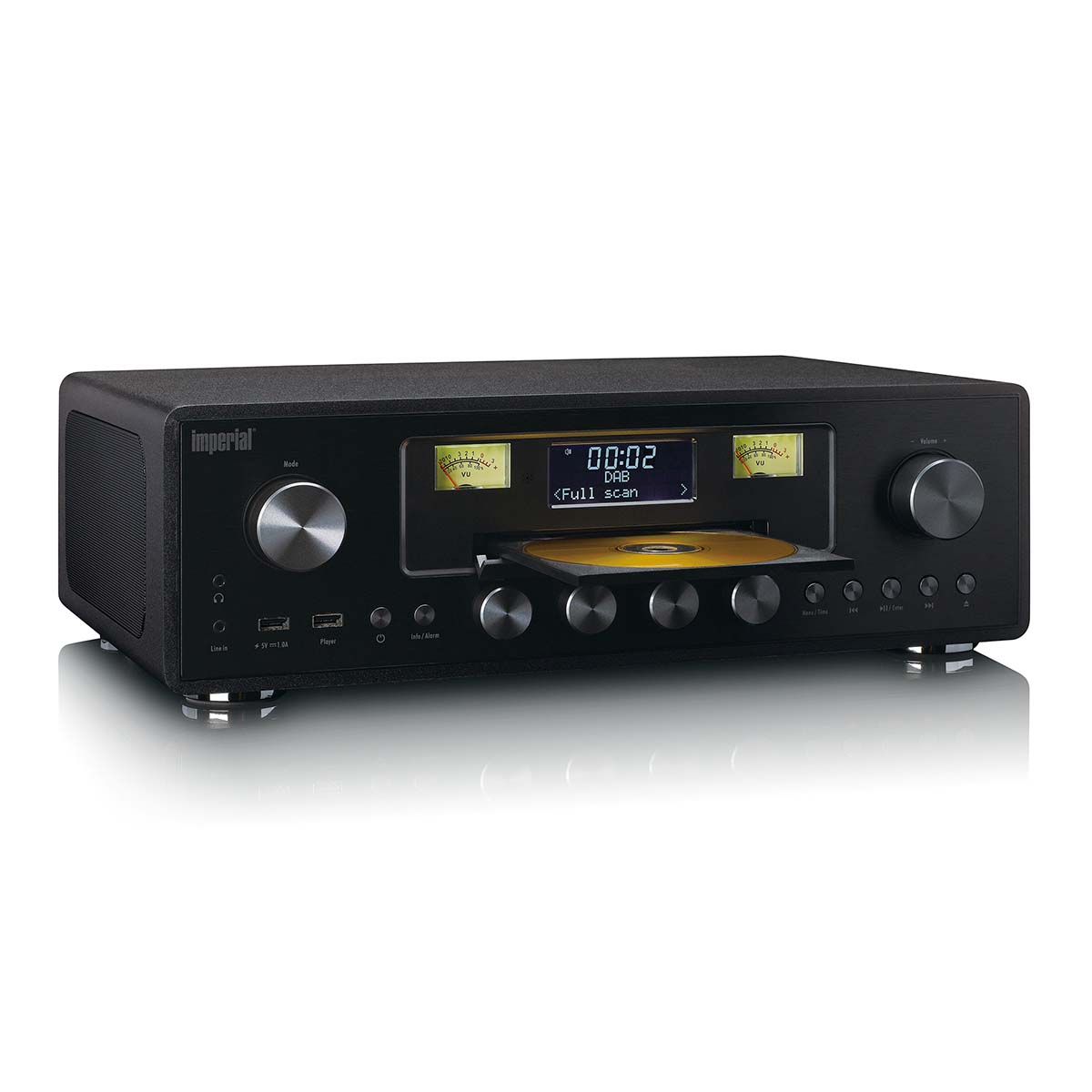 Black Imperial CD player with silver controls and a half-open CD drawer.