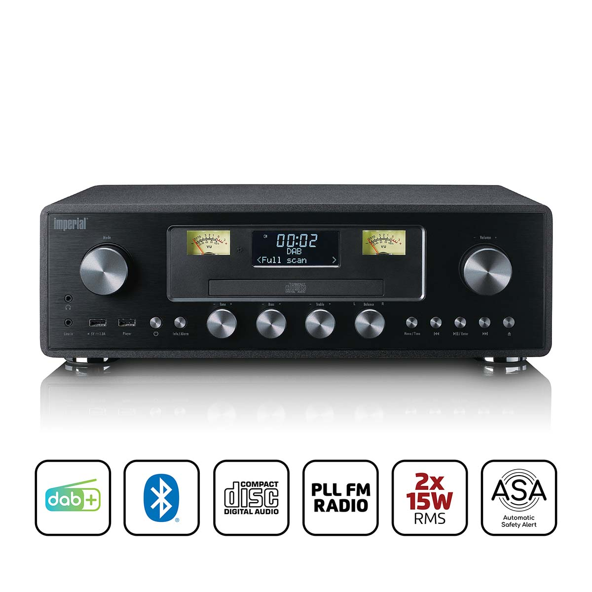 Black Imperial Hi-Fi receiver with silver knobs and VU meters.