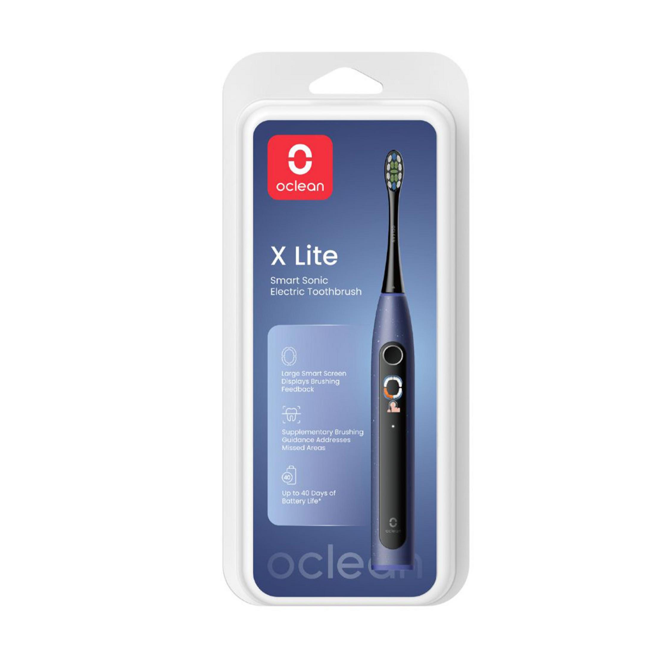 Verpackung einer blauen Oclean X Lite Schallzahnbürste mit Bildschirm und Logo.