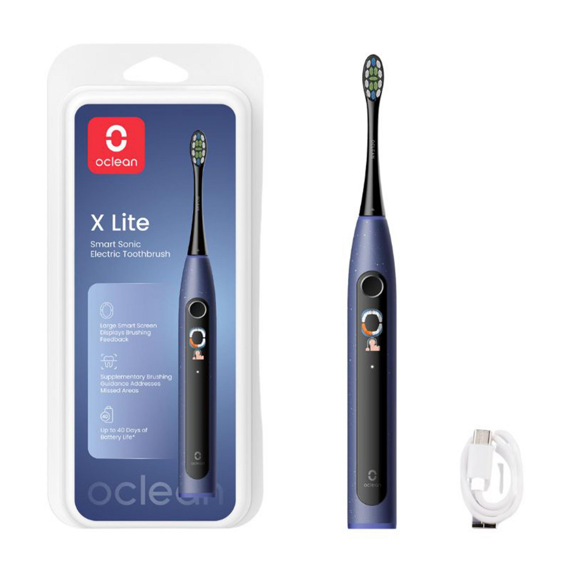 Oclean X Lite Schallzahnbürste in Verpackung und einzeln, mit Ladekabel.
