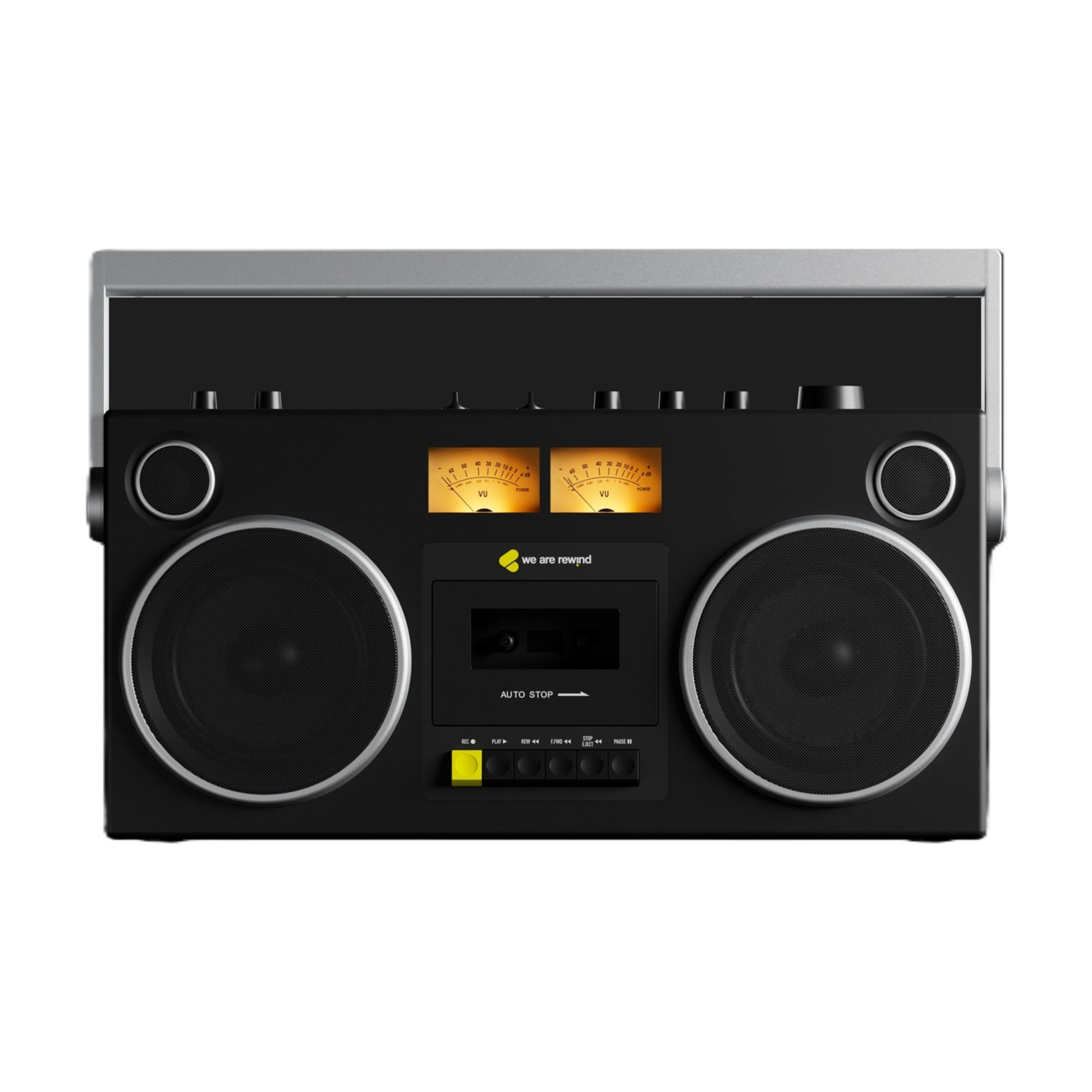 Schwarzer Boombox mit zwei großen Lautsprechern, VU-Metern und Kassettendeck.