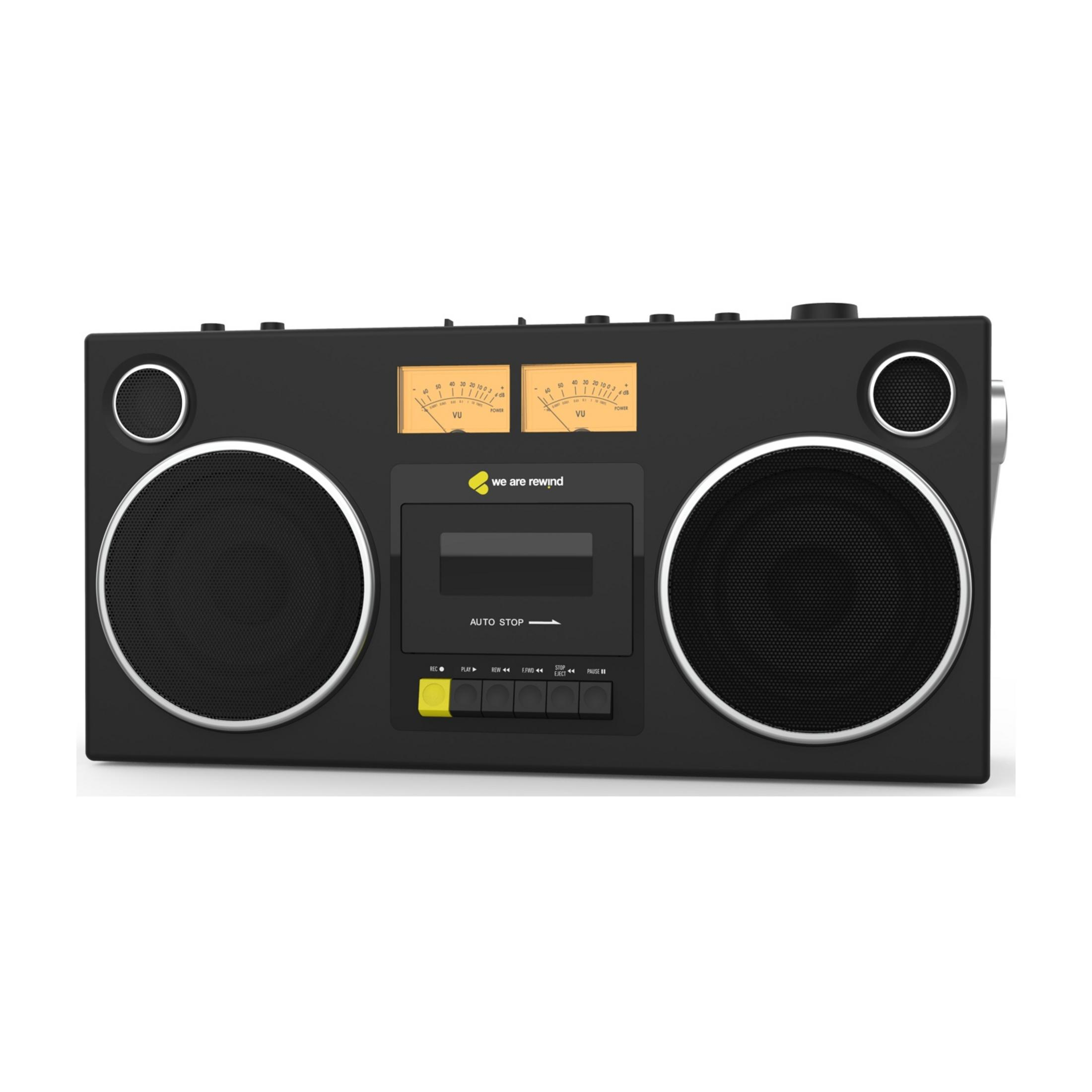 Schwarzer Boombox mit Kassettendeck, Lautsprechern und VU-Meters.