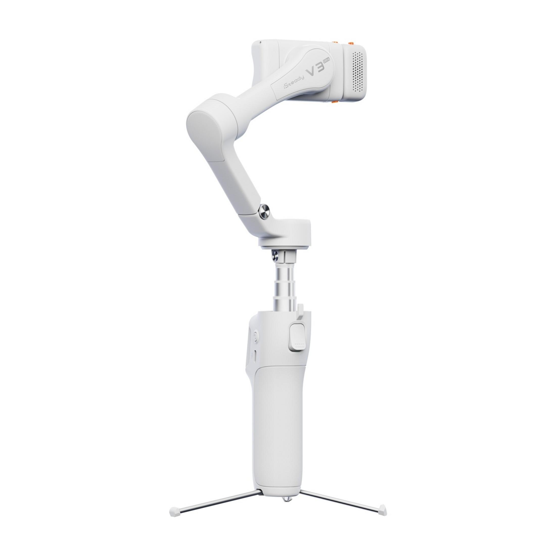 Ein weißer Gimbal mit Stativ, "iSteady V3 Ultra" beschriftet.