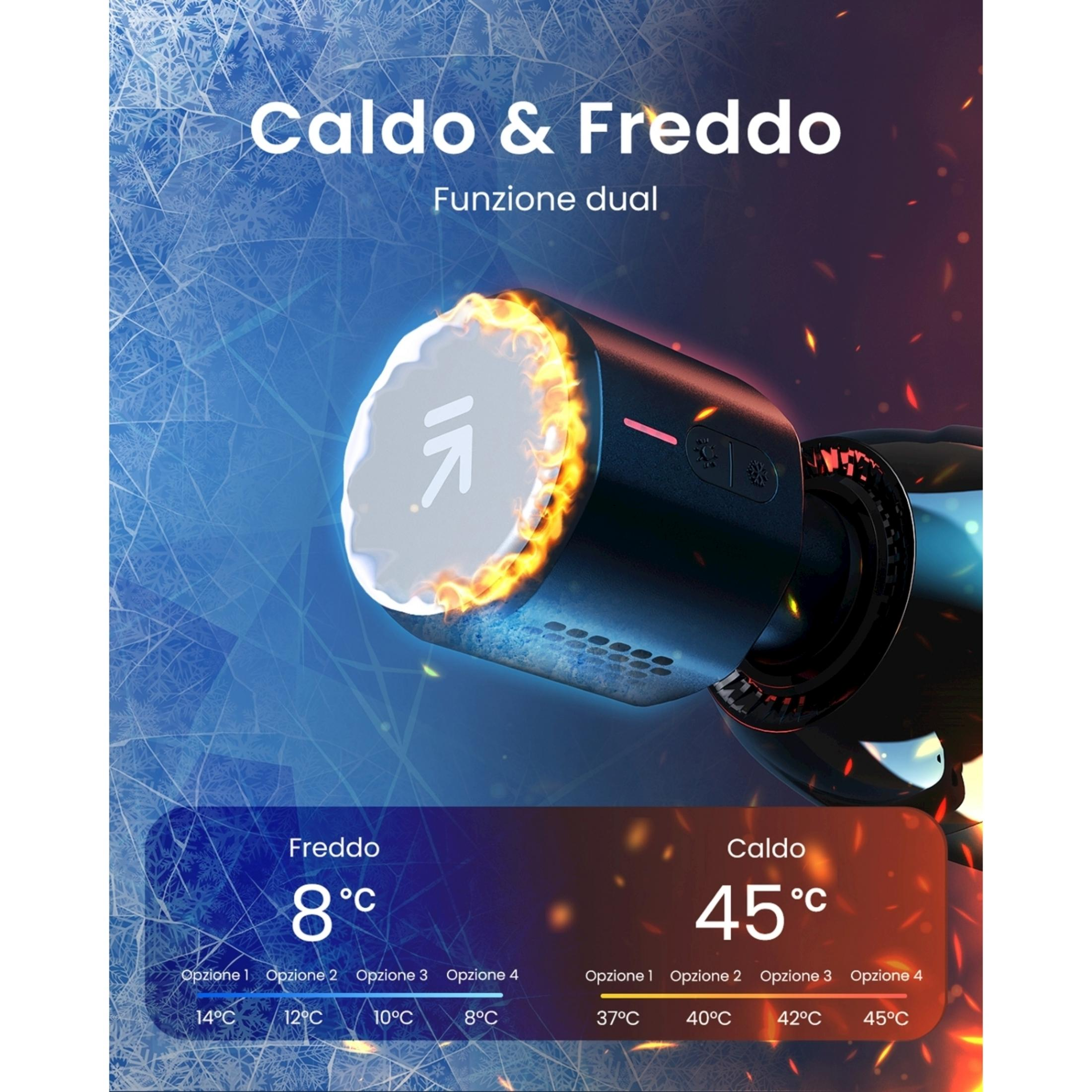 Un dispositivo de doble función frío/calor que muestra 8°C y 45°C.