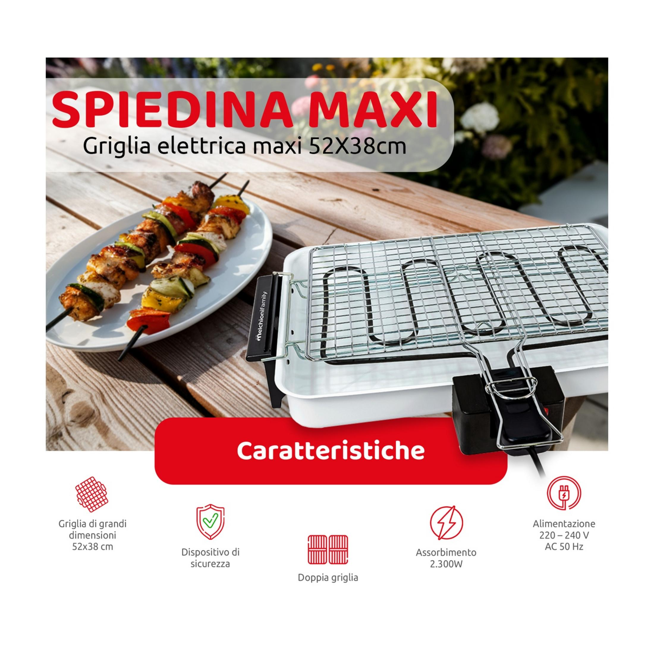 Elektrischer Grill mit Spießen und Gemüse auf Holzoberfläche.