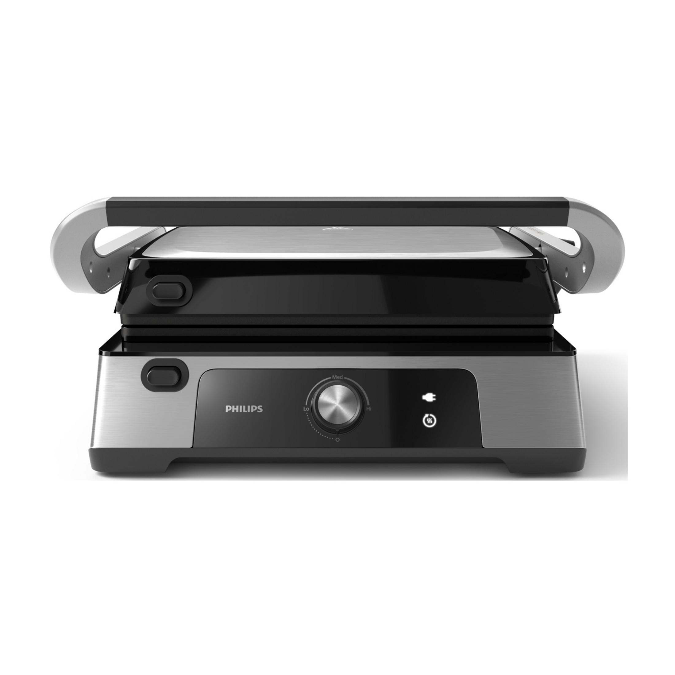 Ein silberner und schwarzer Philips Kontaktgrill mit einem Drehregler und Anzeigen.