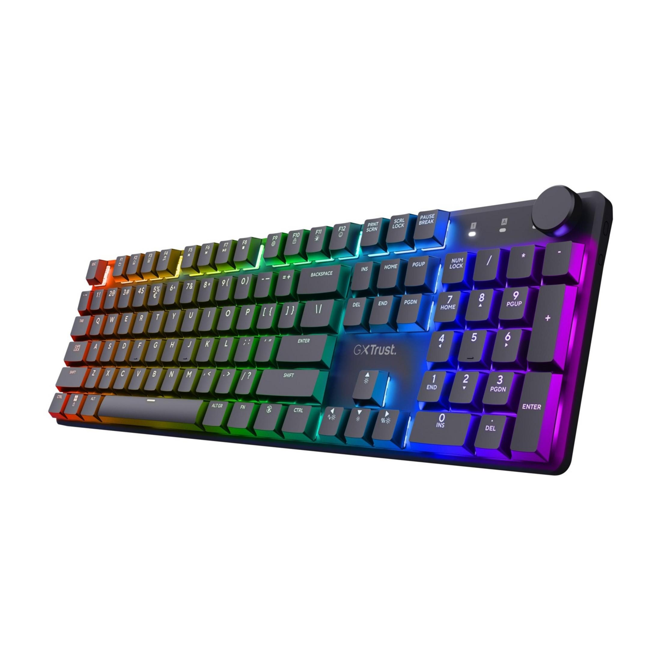 Eine schwarze Tastatur mit RGB-Beleuchtung, die von links nach rechts von Rot zu Blau wechselt.