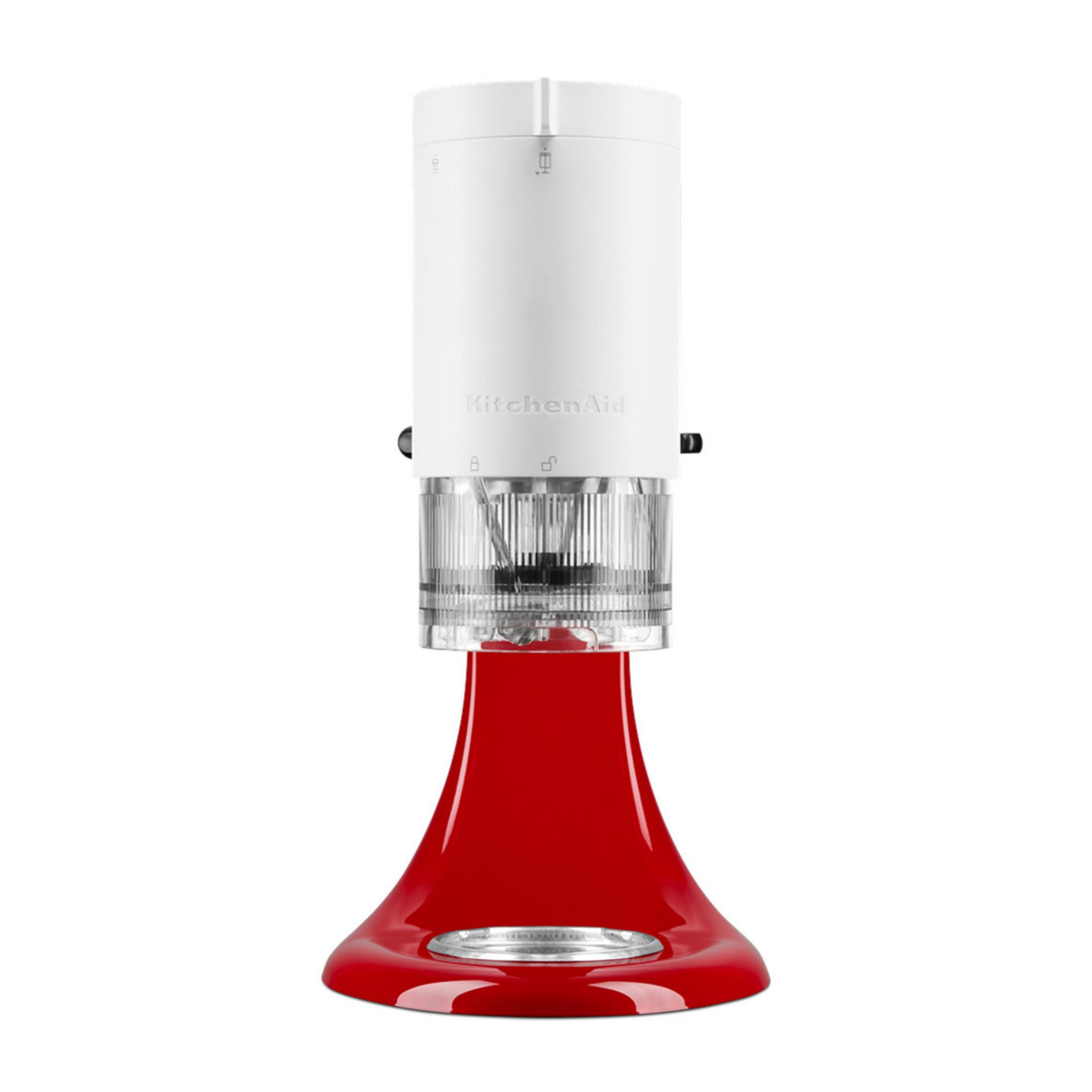 Ein rotes KitchenAid-Gerät mit weißem Oberteil und transparentem Ring.