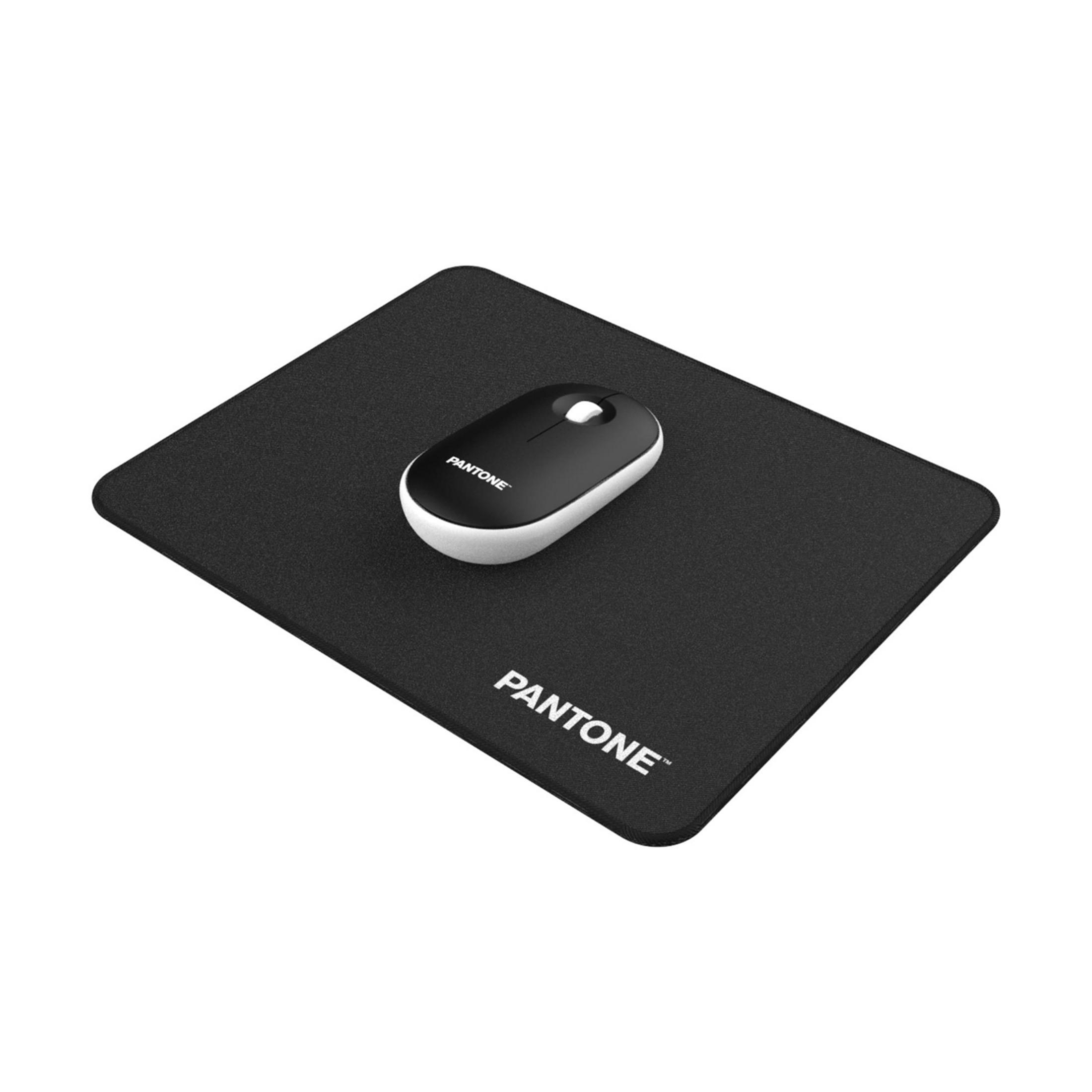 Tappetino mouse nero con mouse bianco e nero, logo Pantone.