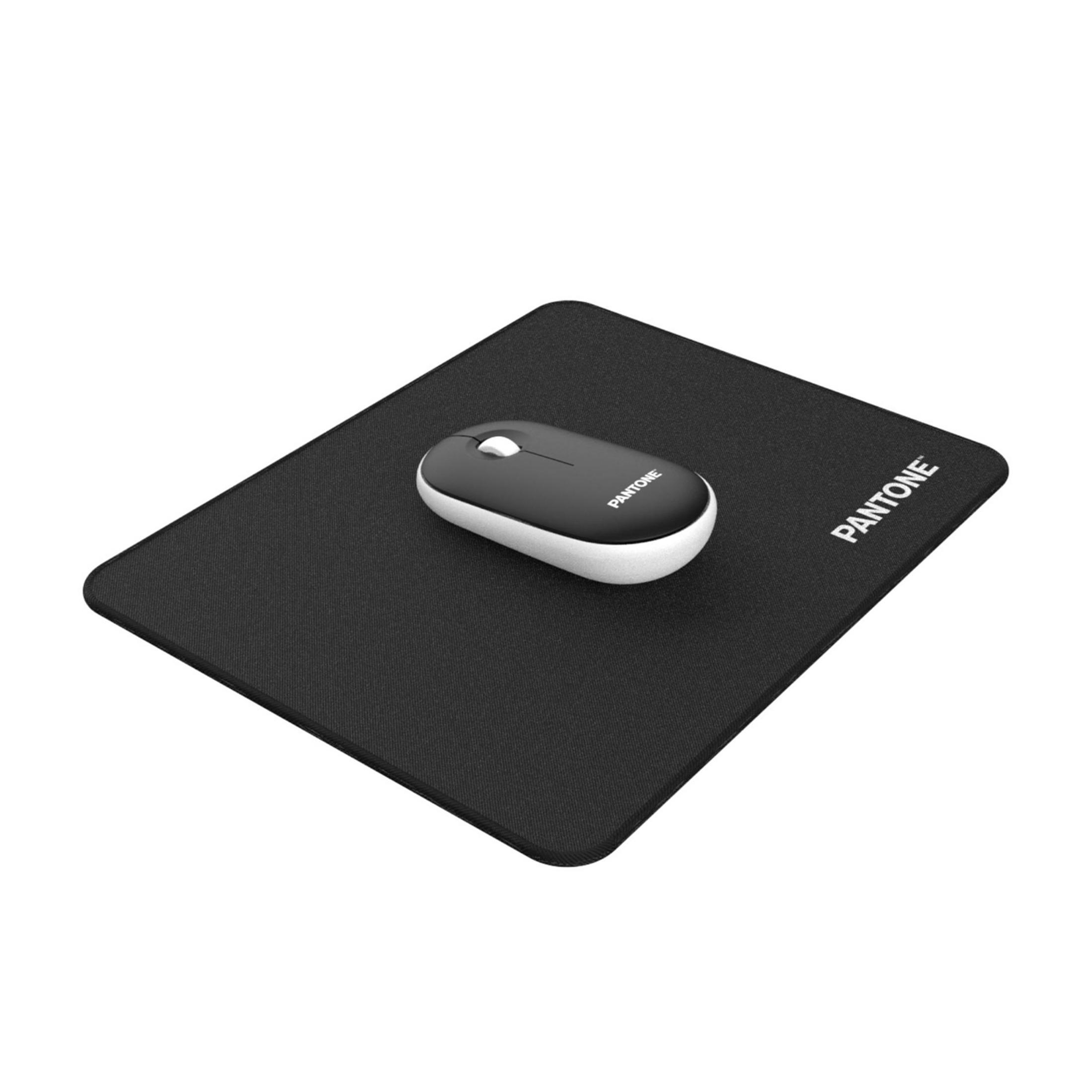 Mouse nero su tappetino nero con logo Pantone.