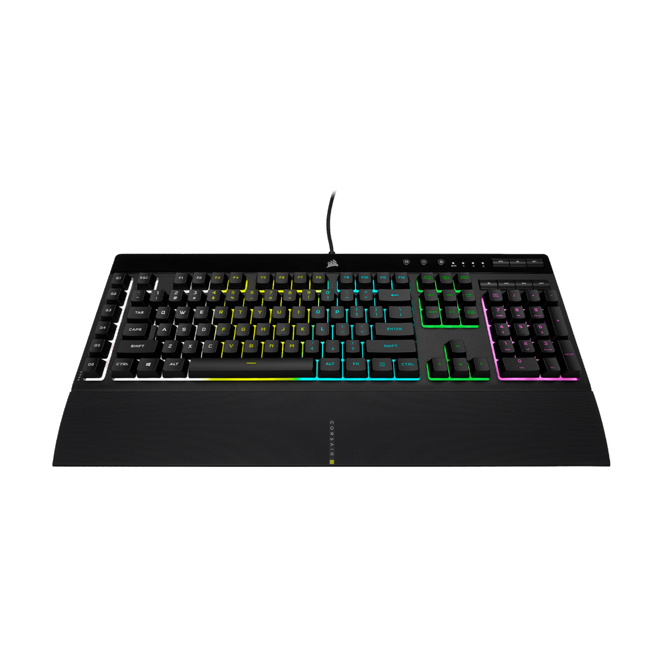Czarna klawiatura gamingowa Corsair z podświetleniem RGB i teksturowaną podpórką na nadgarstki.