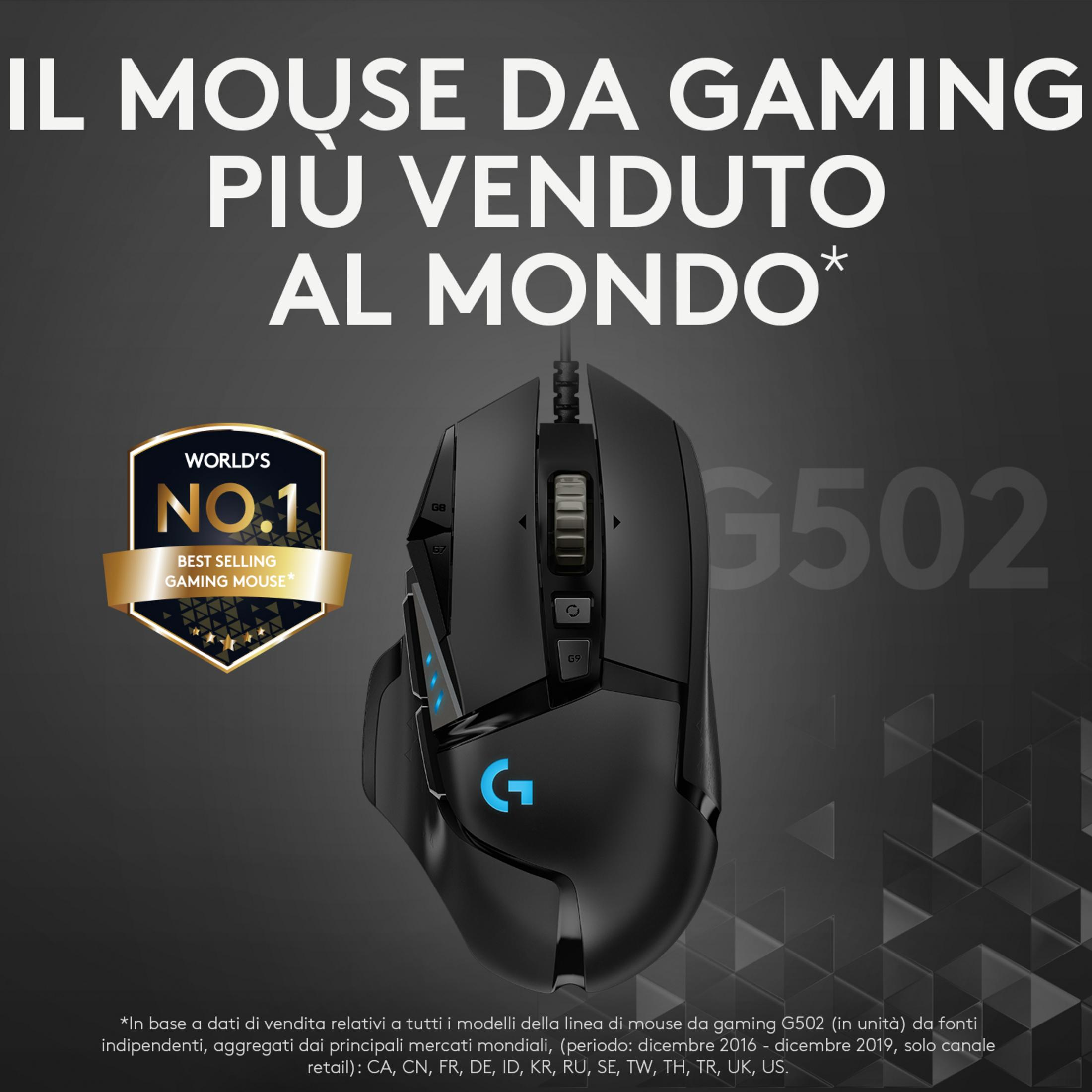 Czarna mysz gamingowa Logitech G502 z niebieskimi akcentami i pieczęcią "Nr 1 na świecie".